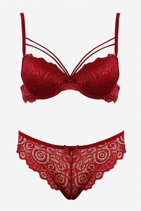 Bella Notte Bordo Dantelli Çift İp Detaylı Şık Sütyen Takım 19001