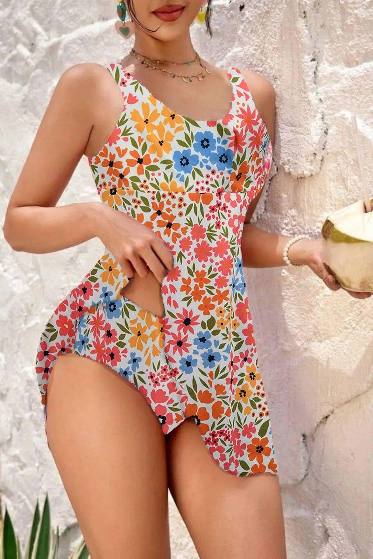 Bella Notte Çok Renkli Çiçek Bahçesi Kalın Askılı Lycra Mayo M-9019