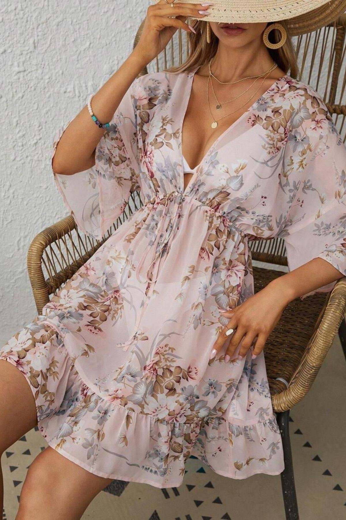 Bella Notte Çok Renkli Çiçek Desenli Bel Bağcıklı Pareo P-3001