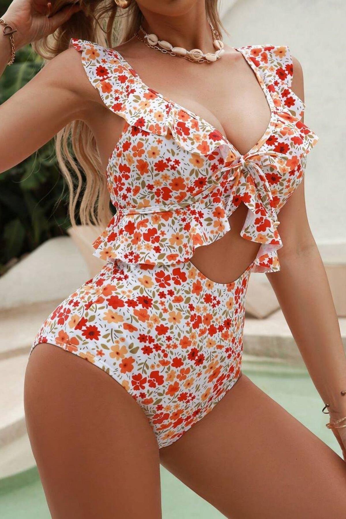 Bella Notte Çok Renkli Çiçekli Volanlı Tek Parça Mayo M-9039
