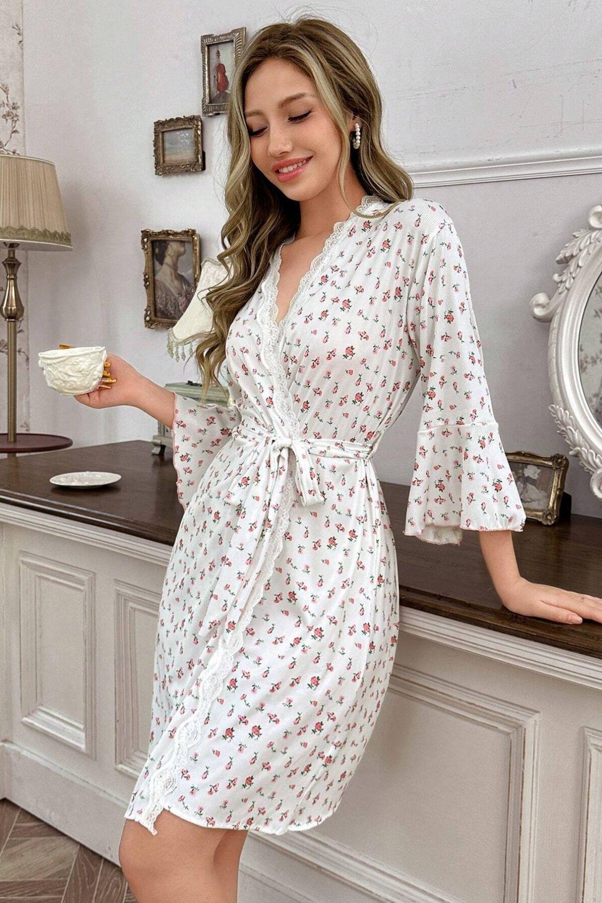 Bella Notte Ekru Desenli Pamuklu Sabahlık 9661