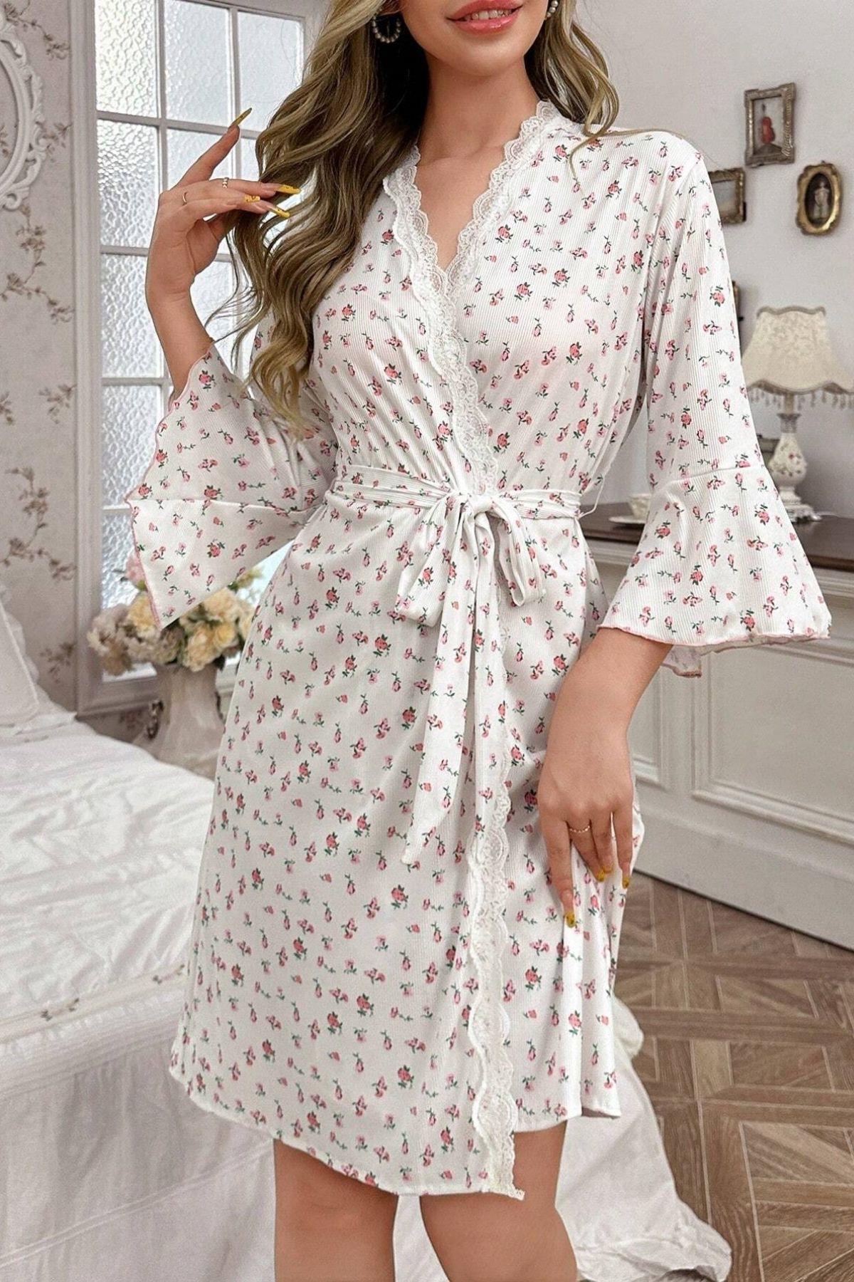 Bella Notte Ekru Desenli Pamuklu Sabahlık 9661