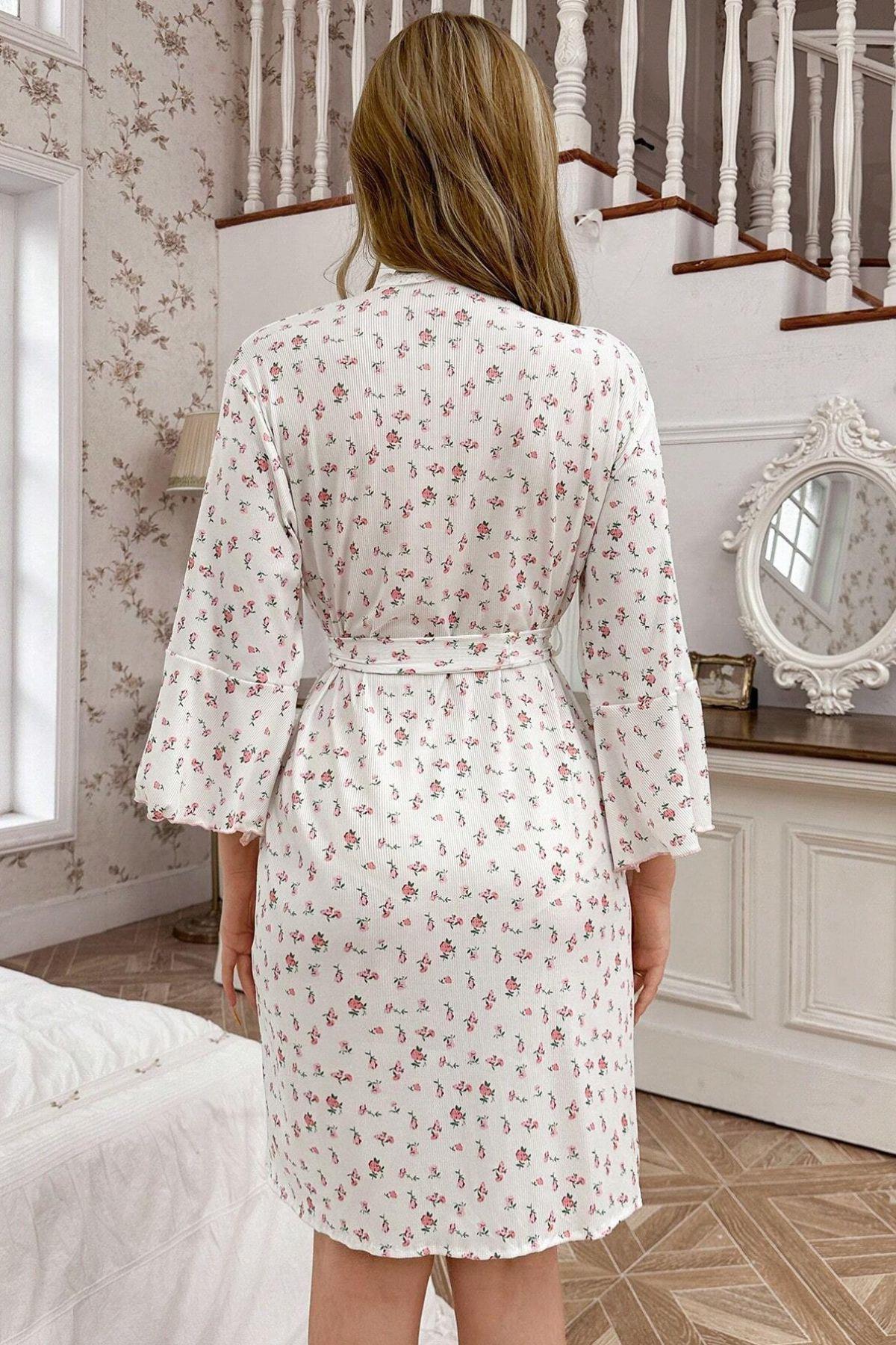 Bella Notte Ekru Desenli Pamuklu Sabahlık 9661