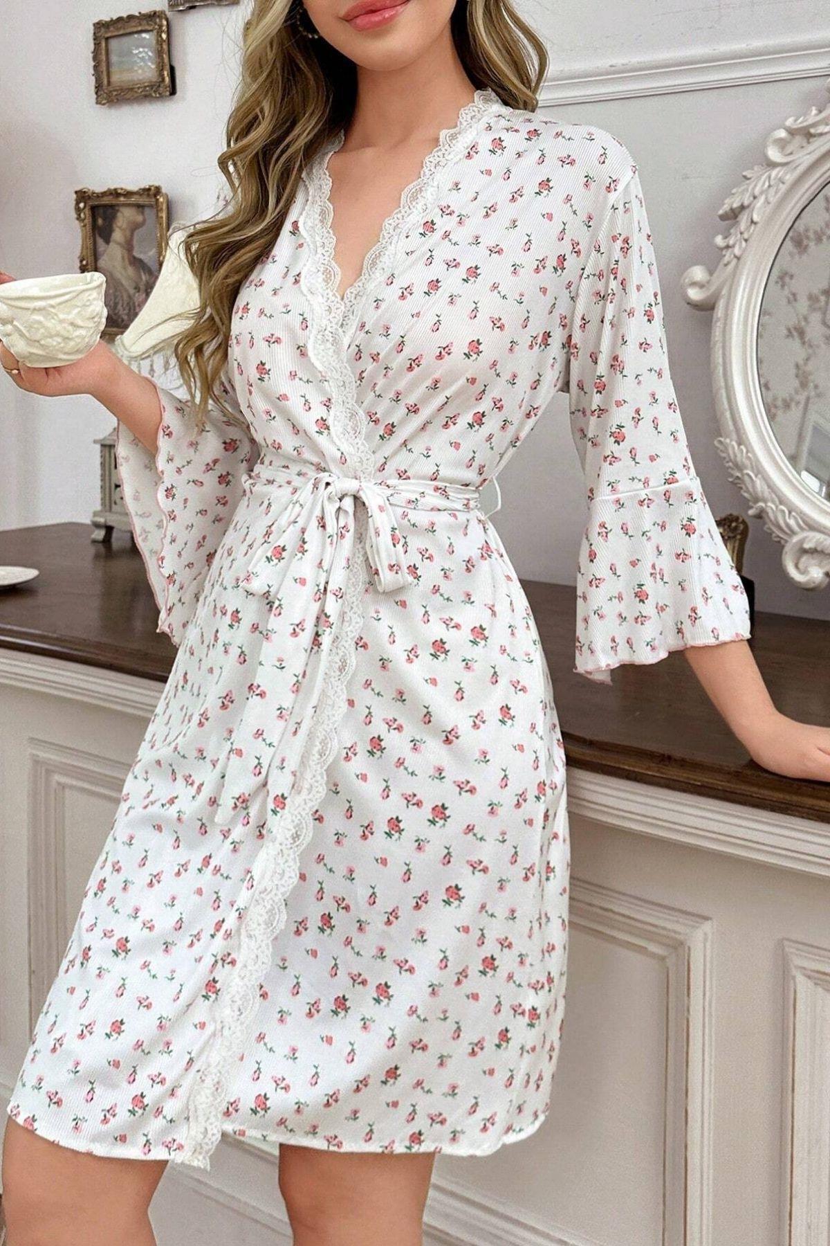 Bella Notte Ekru Desenli Pamuklu Sabahlık 9661