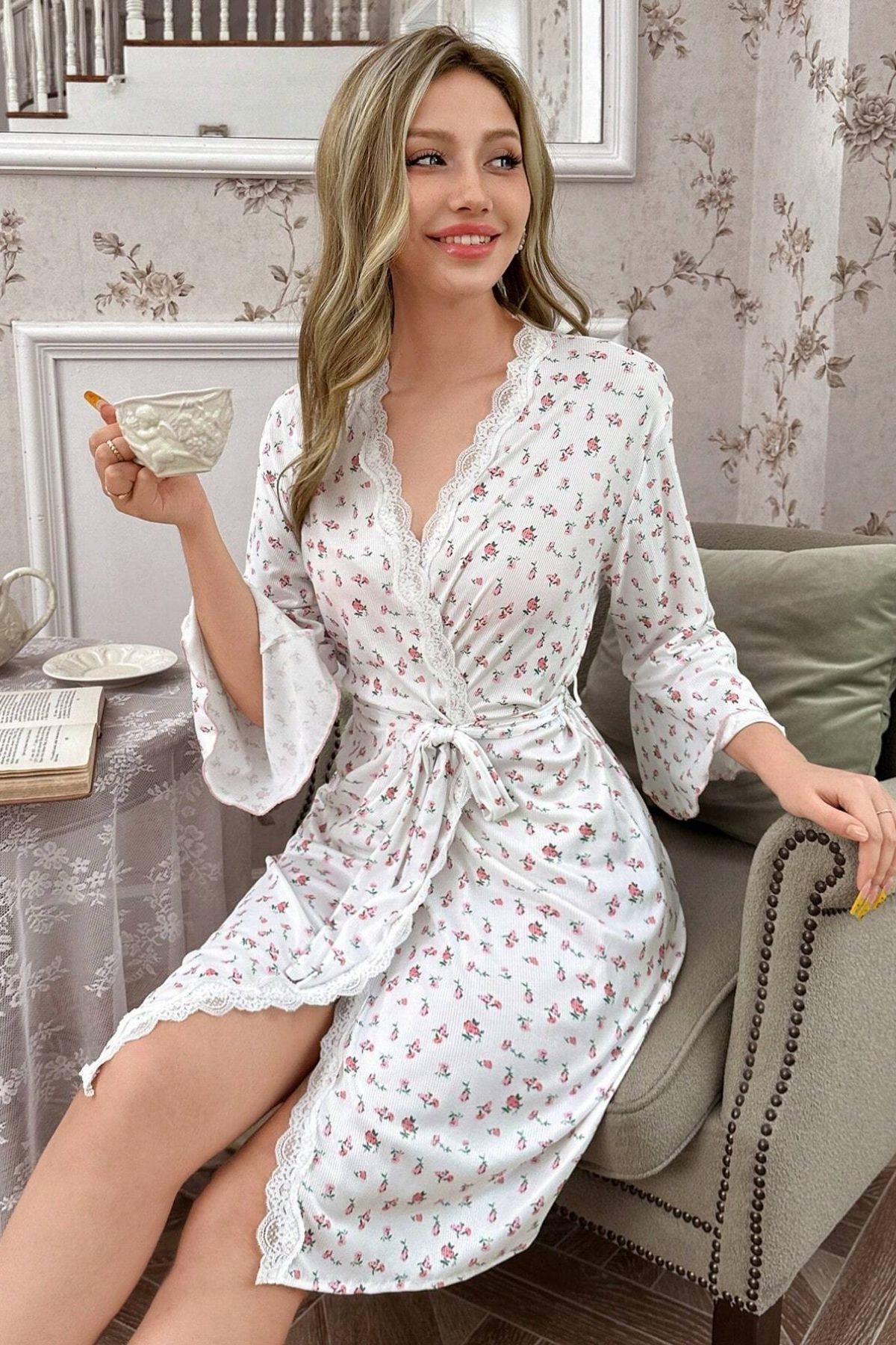 Bella Notte Ekru Desenli Pamuklu Sabahlık 9661