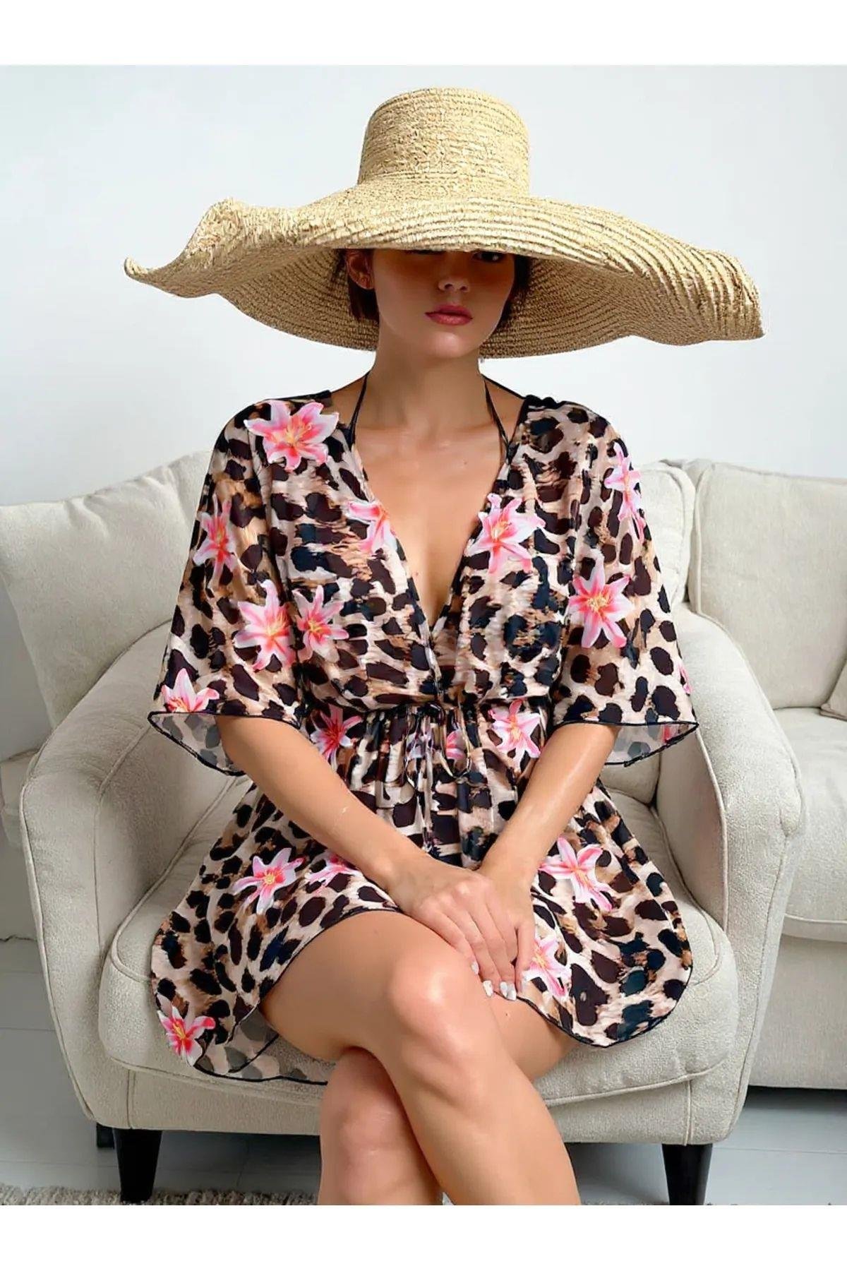 Bella Notte Leopar Desenli Bel Bağcıklı Pareo P-3003