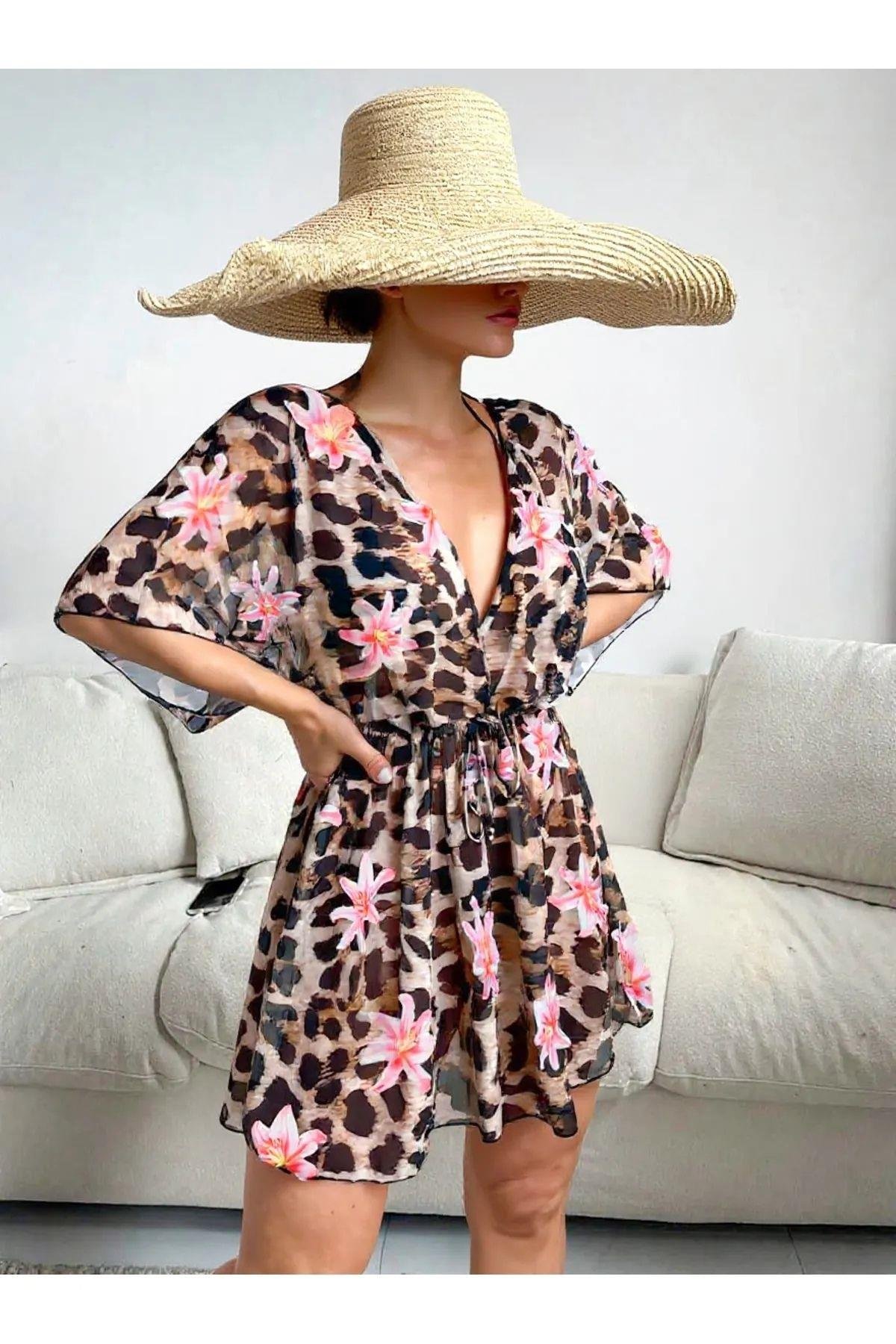 Bella Notte Leopar Desenli Bel Bağcıklı Pareo P-3003