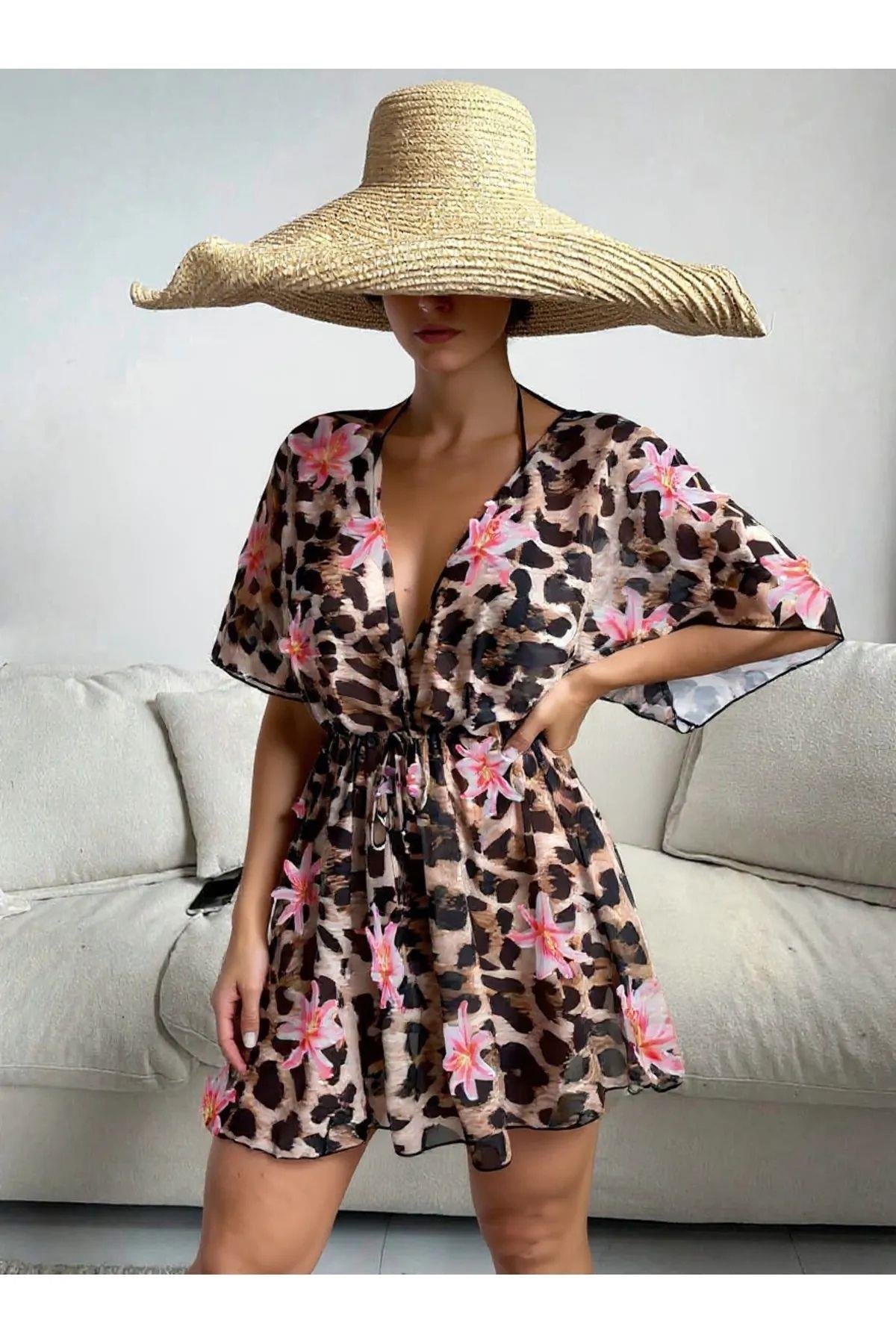 Bella Notte Leopar Desenli Bel Bağcıklı Pareo P-3003