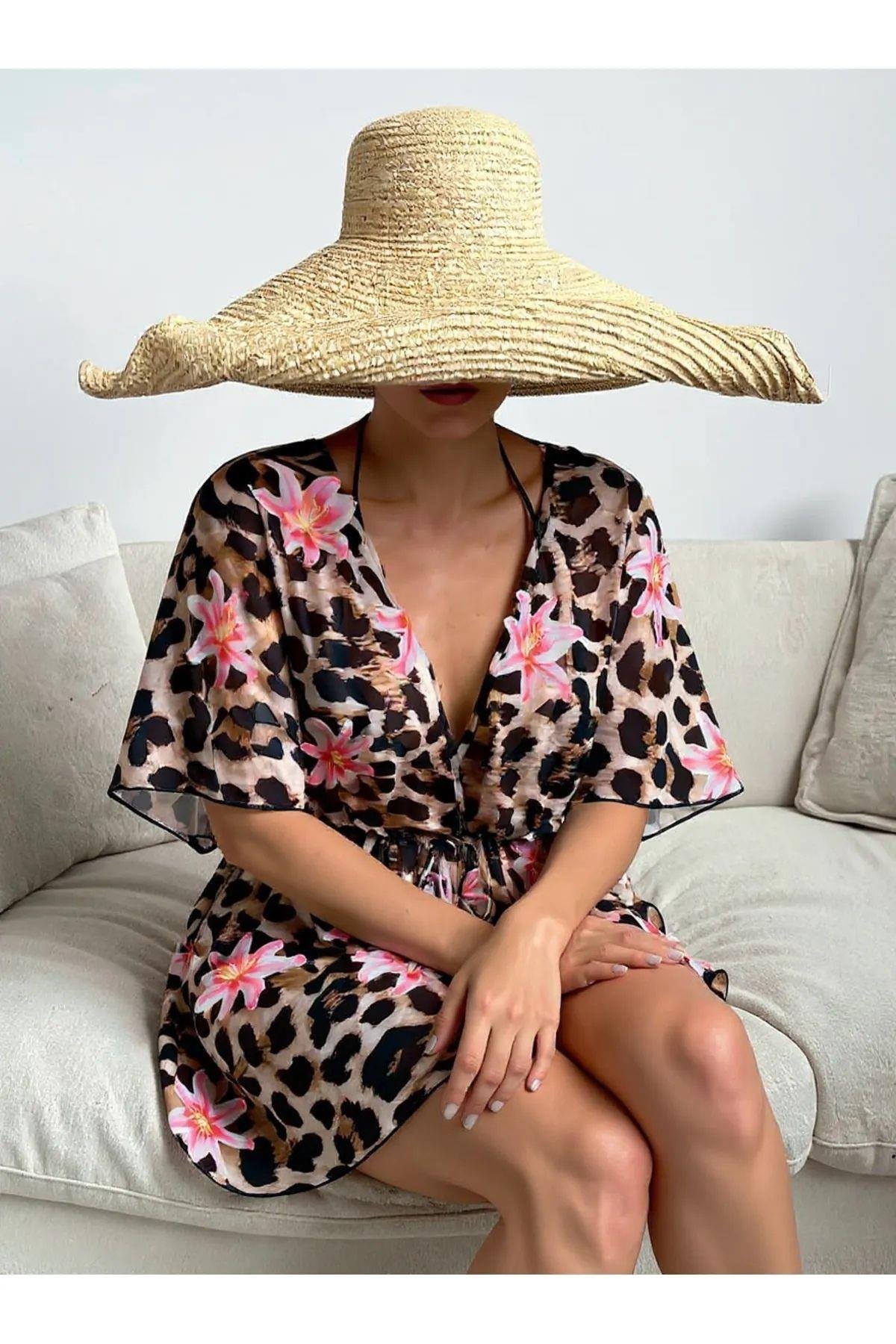 Bella Notte Leopar Desenli Bel Bağcıklı Pareo P-3003