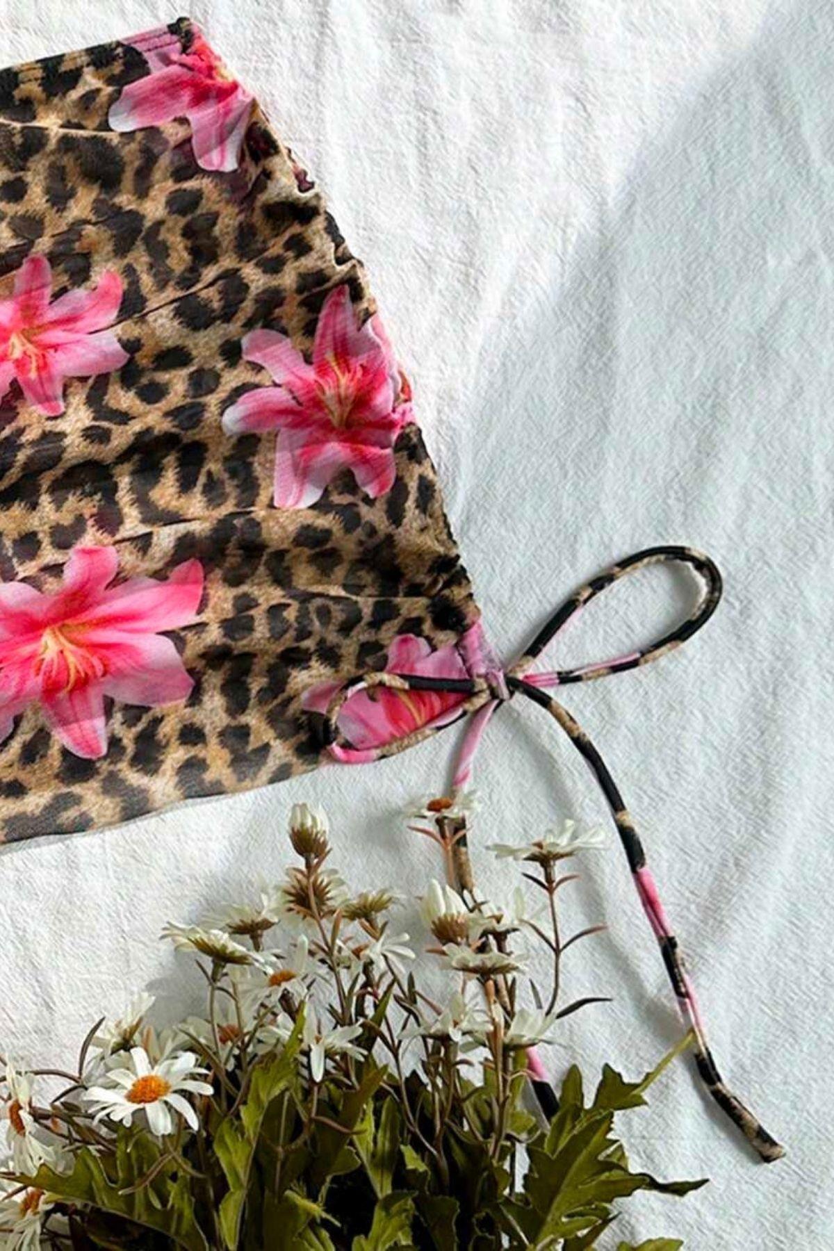 Bella Notte Leopar Zambak Baskılı Pareolu Bikini Takım M-9035