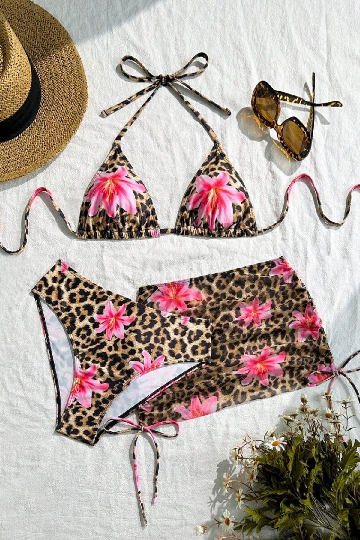 Bella Notte Leopar Zambak Baskılı Pareolu Bikini Takım M-9035