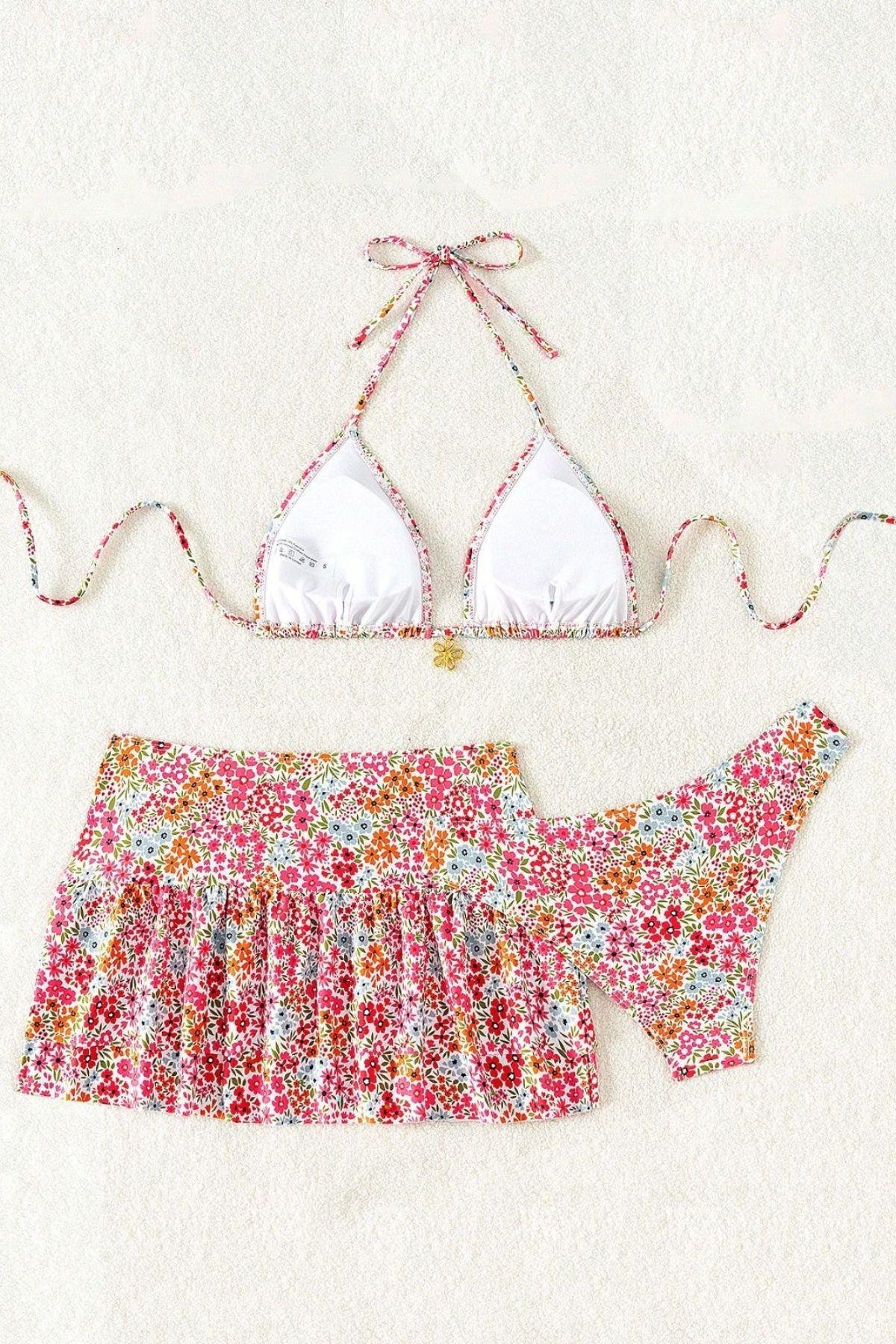Bella Notte Pembe Çiçek Desenli Etekli 3 Parça Bikini Takımı M-9005