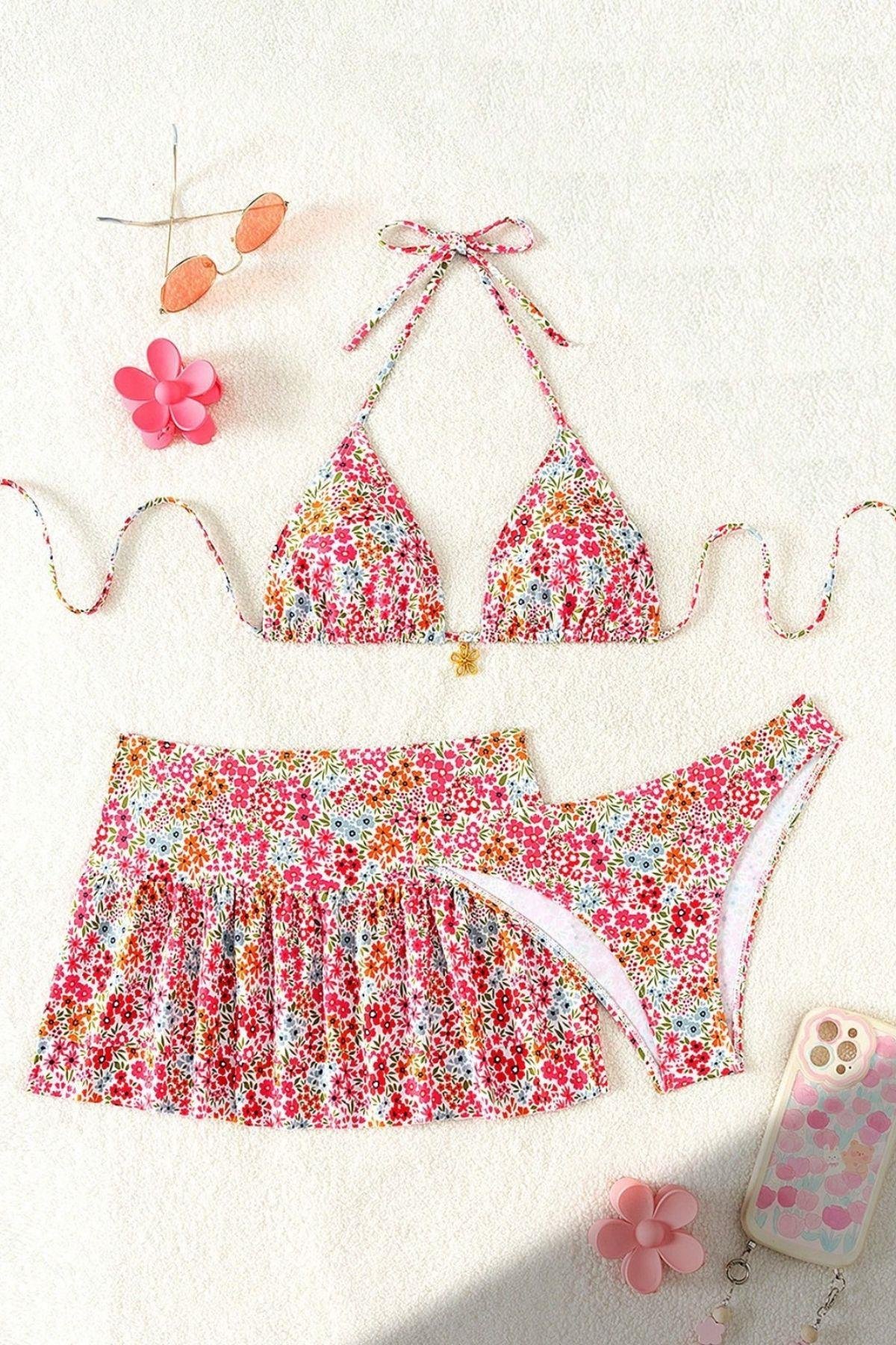 Bella Notte Pembe Çiçek Desenli Etekli 3 Parça Bikini Takımı M-9005
