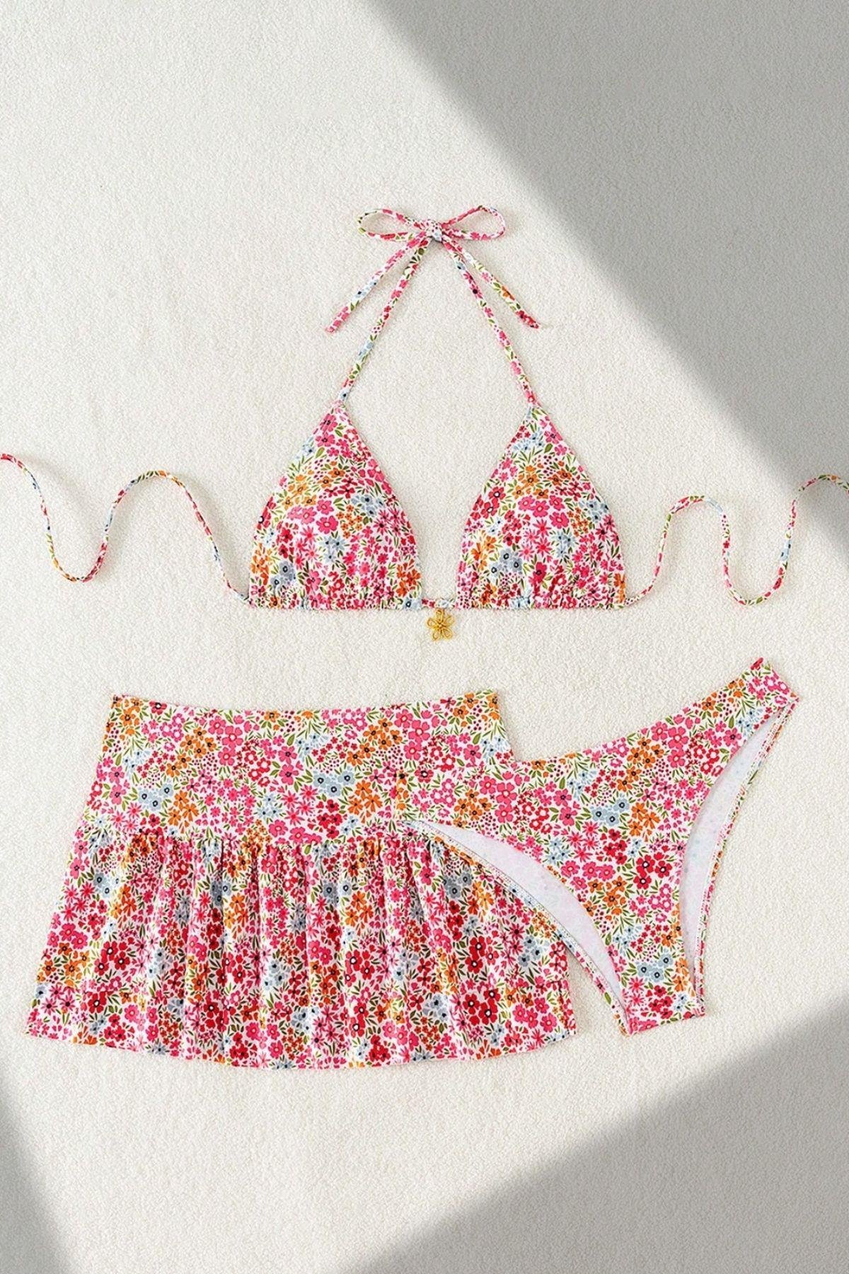 Bella Notte Pembe Çiçek Desenli Etekli 3 Parça Bikini Takımı M-9005