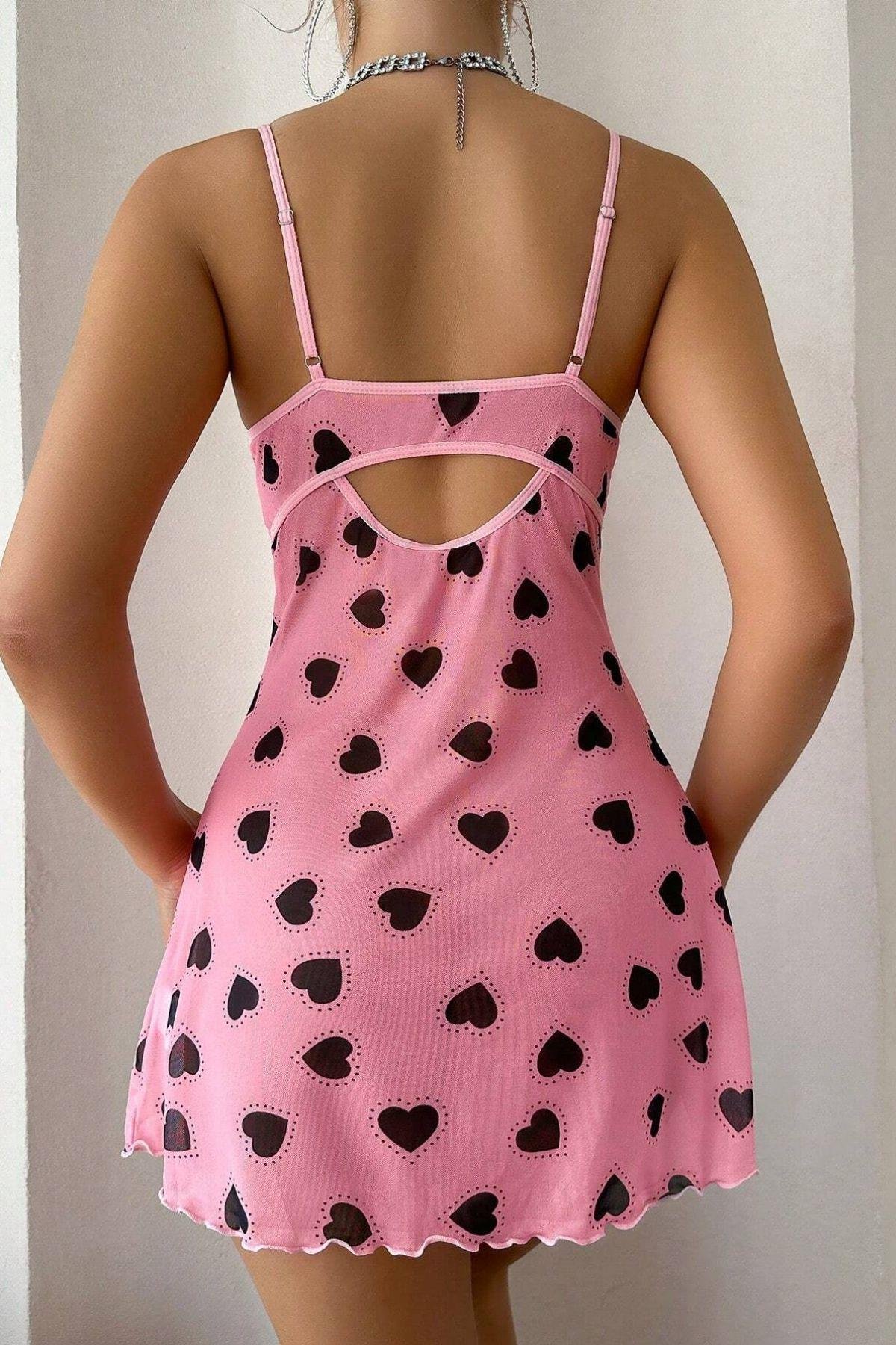 Bella Notte Pembe Kalp Desenli Yırtmaçlı Mini Gecelik 15923