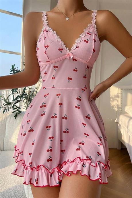 Bella Notte Pembe Kiraz Desenli Askılı Gecelik 15565
