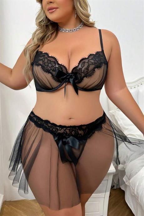 Bella Notte Siyah Askılı Büyük Beden Etekli Tül Takım 18521
