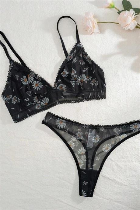 Bella Notte Siyah Papatya Baskılı Sütyen Külot Takım 16083
