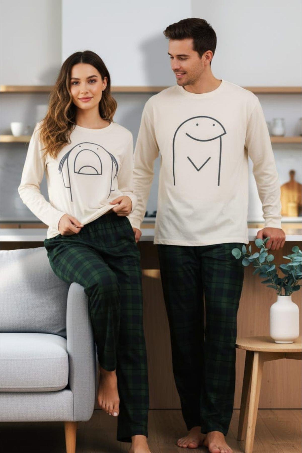 Bella Notte Yeşil Ekoseli Çöp Adam Desenli Tatlı Erkek Pijama Takımı CP7579