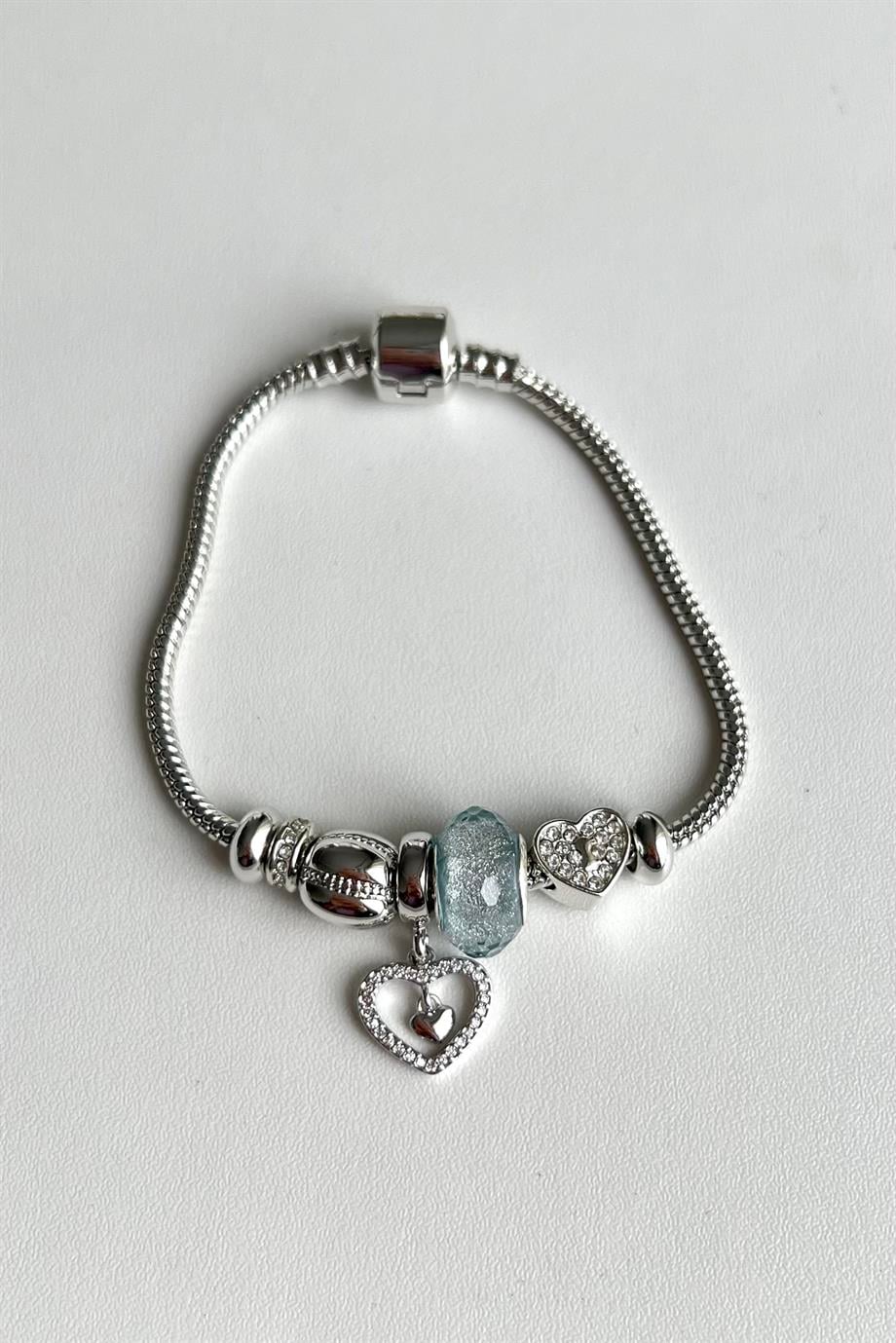 Mavi Murano Kalp Charm Bileklik | Çelik