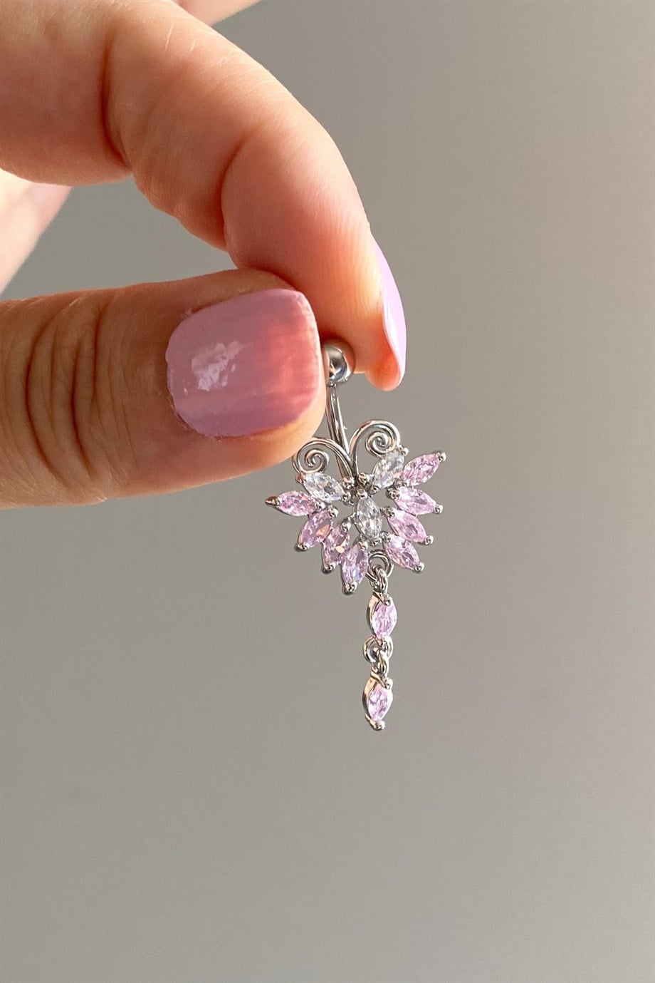 Pembe Sallantılı Kelebek Göbek Piercing | Cerrahi Çelik