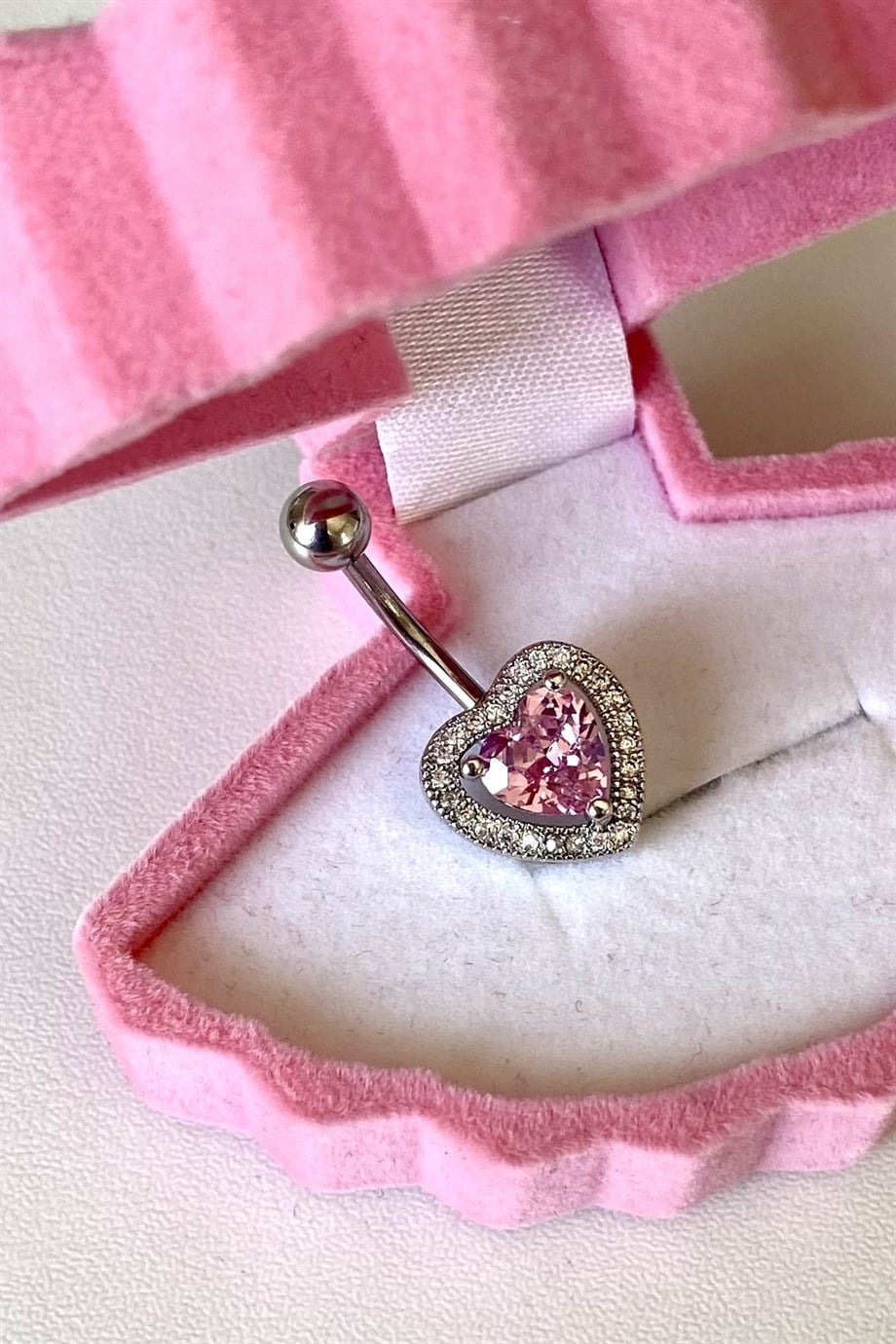 Pembe Taşlı Kalp Göbek Piercing | Cerrahi Çelik