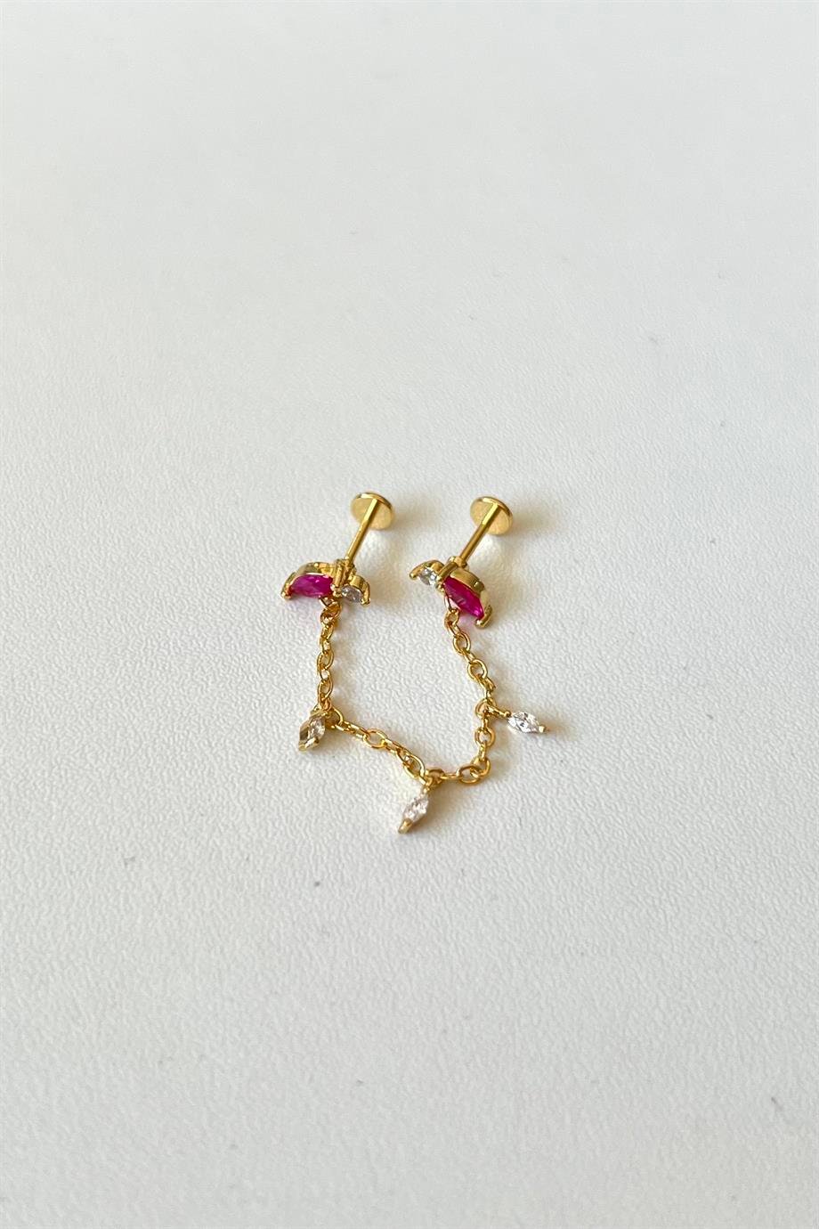 Pembe Taşlı Zincirli İkili Piercing | Cerrahi Çelik