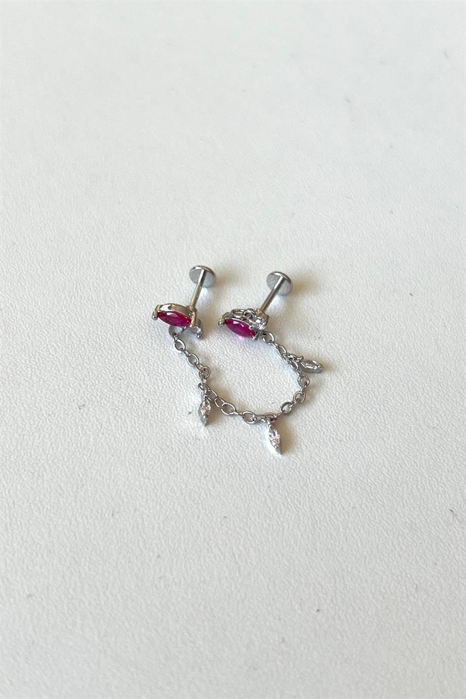 Pembe Taşlı Zincirli İkili Piercing | Cerrahi Çelik