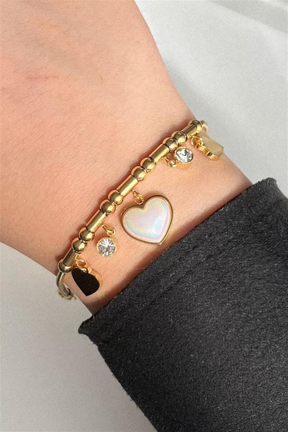 Sedefli Kalp Charm Bileklik| Çelik