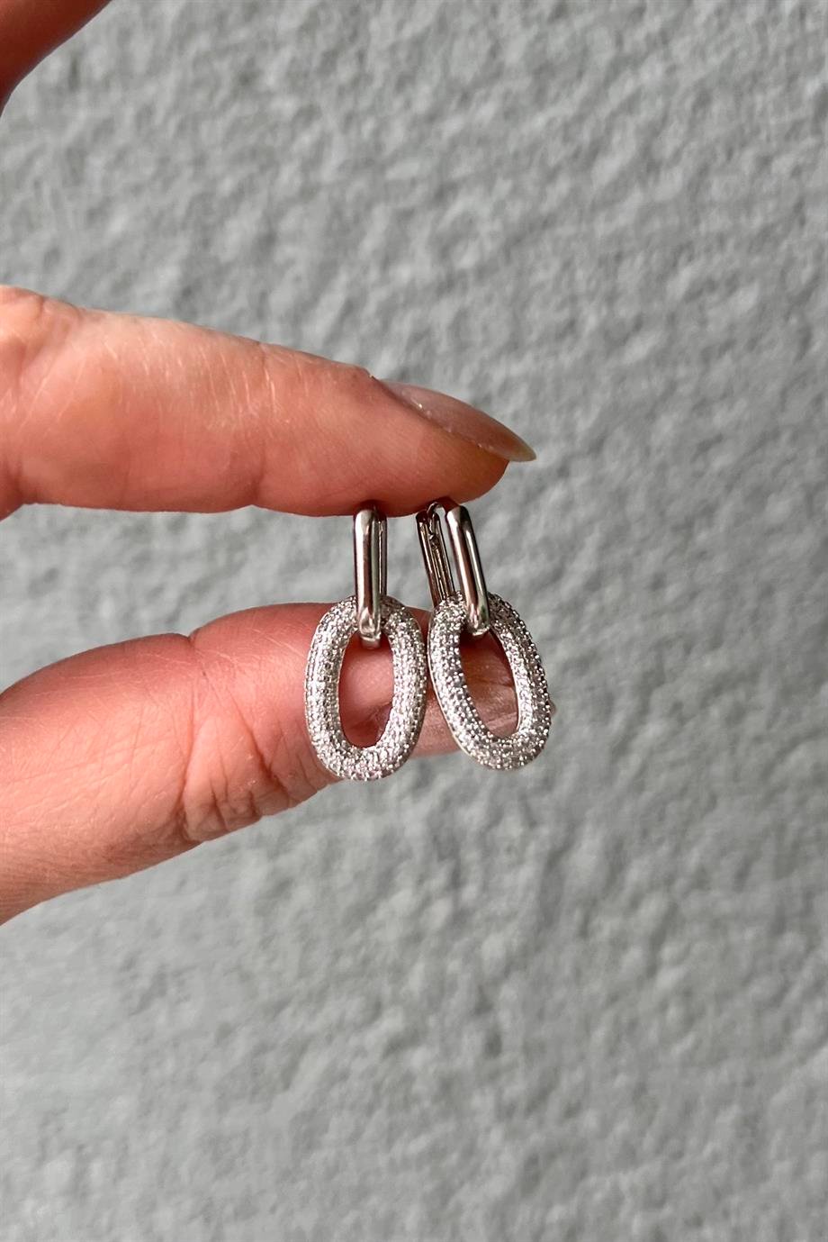 Taşlı Halka Charm Oval Küpe Çifti | Çelik