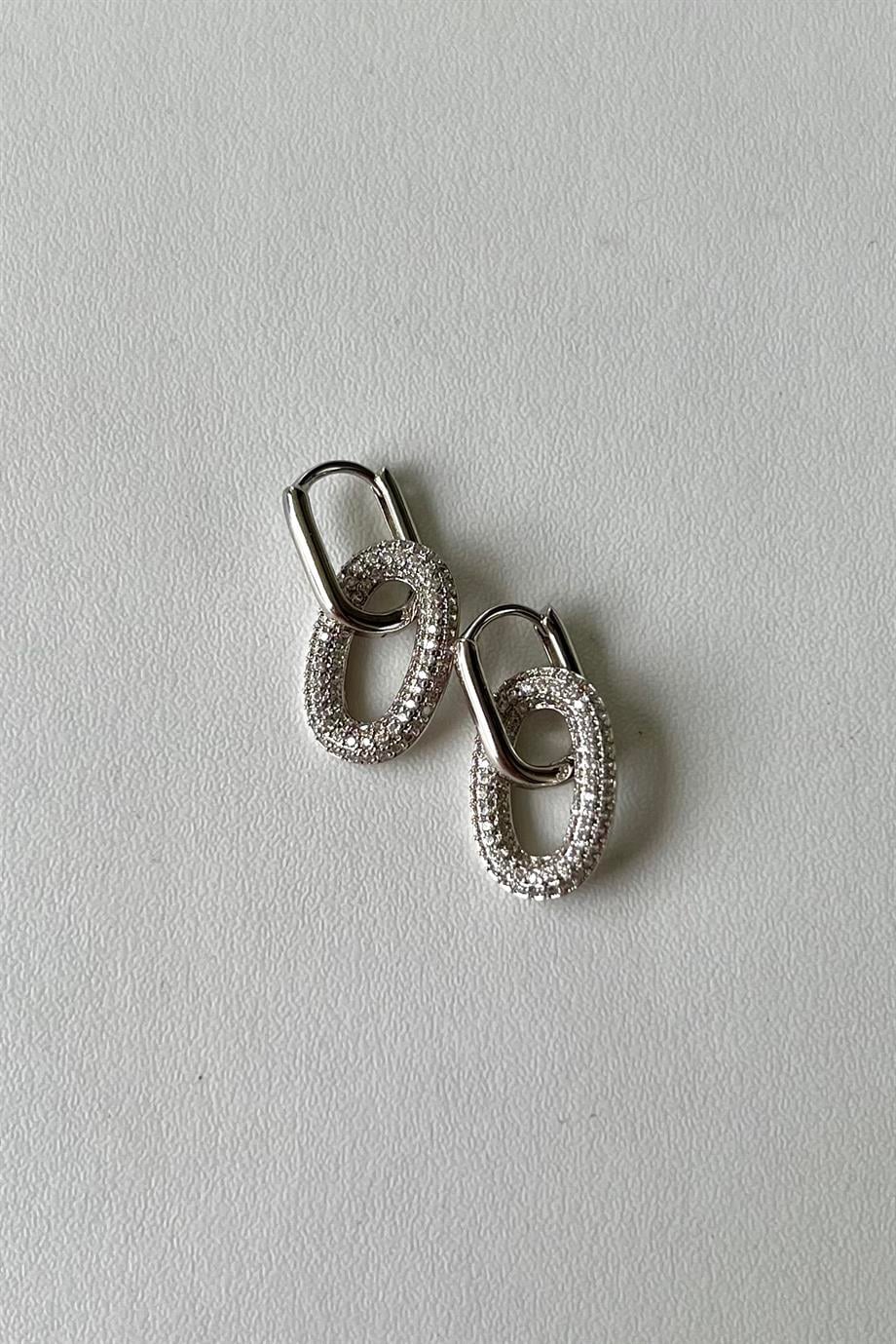 Taşlı Halka Charm Oval Küpe Çifti | Çelik