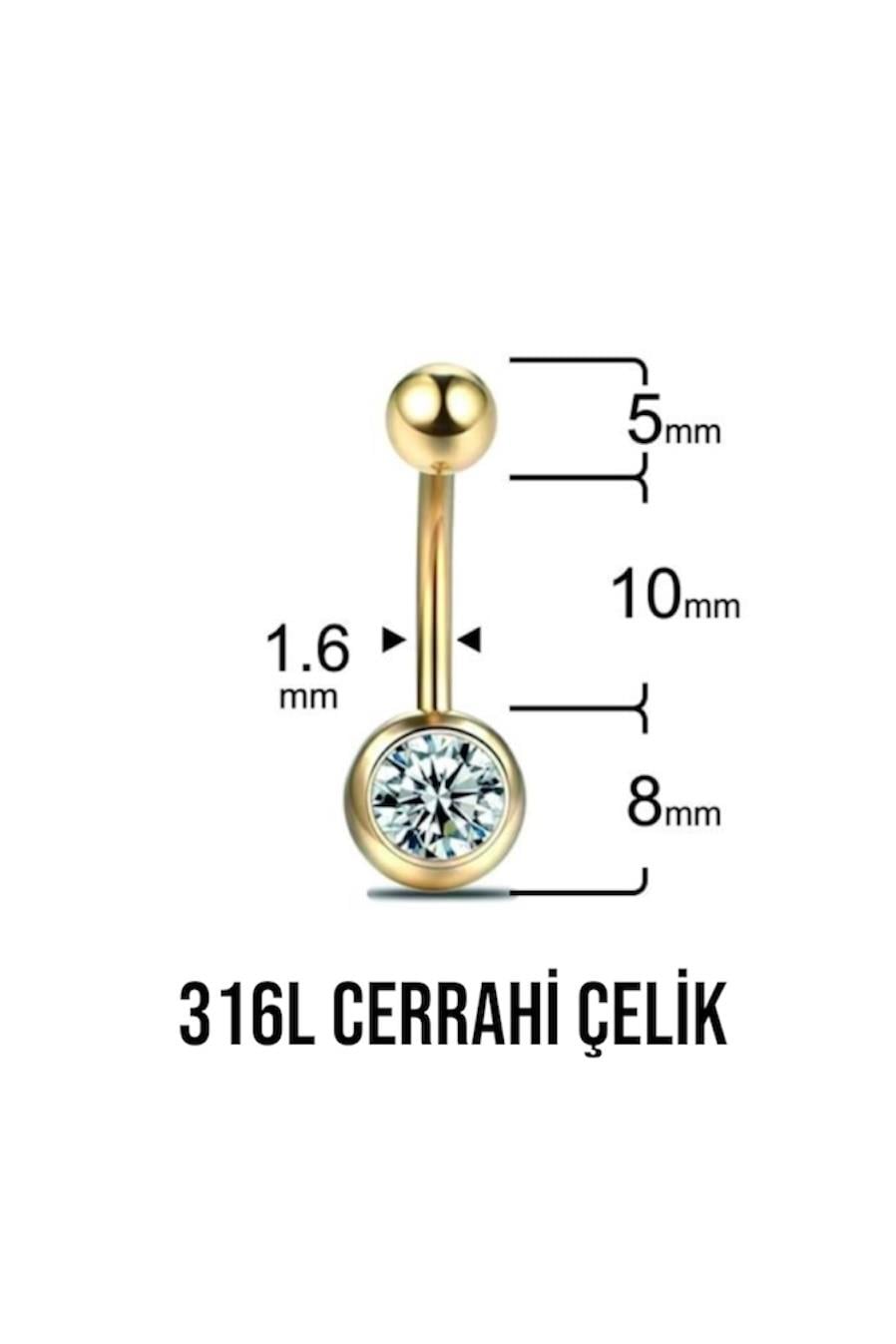 Tek Taş Altın Göbek Piercing 10 MM Cerrahi Çelik