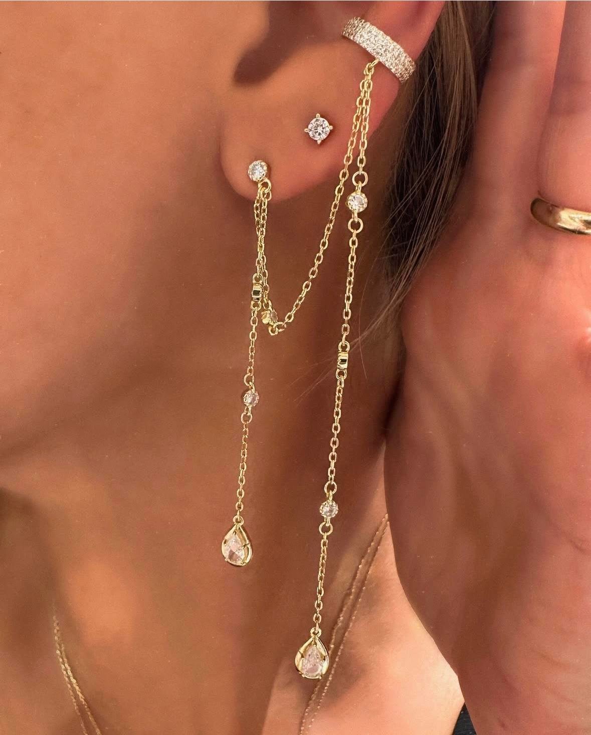 CUFF'LI ÇİFT ZİNCİR TAŞLI KÜPE