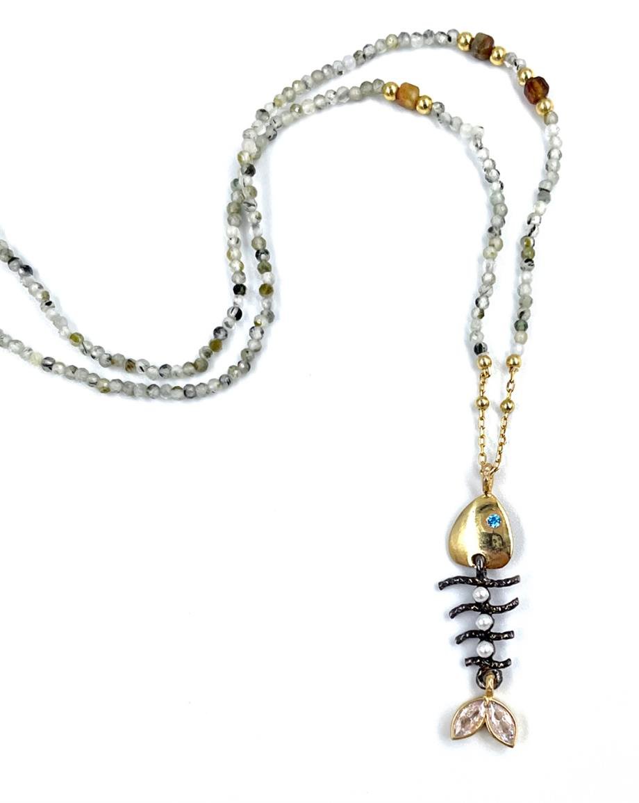 DOĞAL TAŞ GÜMÜŞ BALIK KOLYE