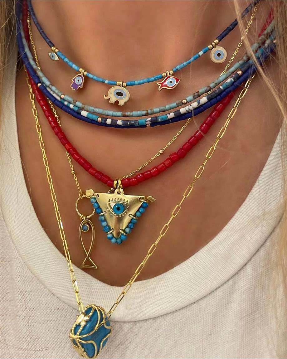 DOĞAL TAŞ & GÜMÜŞ MİNE BEŞLİ ŞANS KOLYESİ