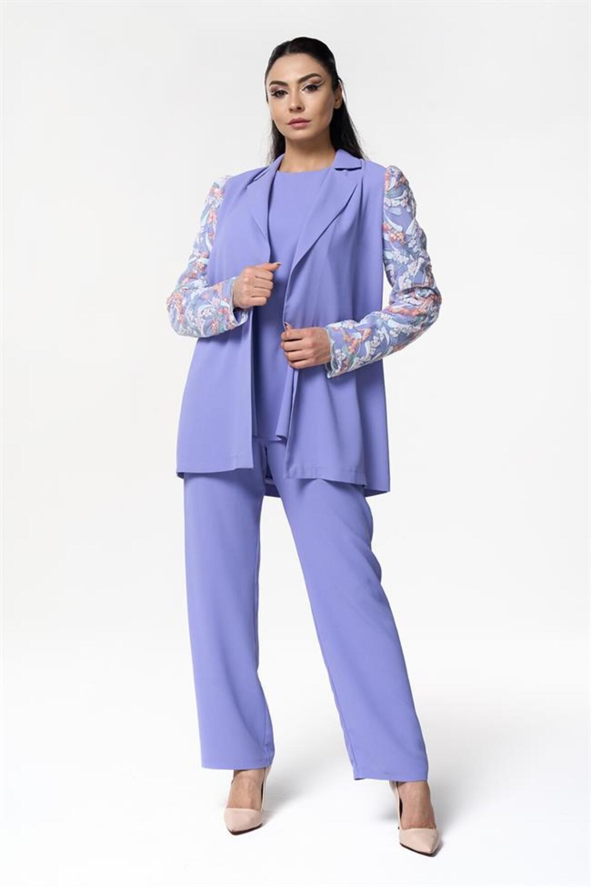 3'lü Takım Ceket-Bluz Pantolon Mavi