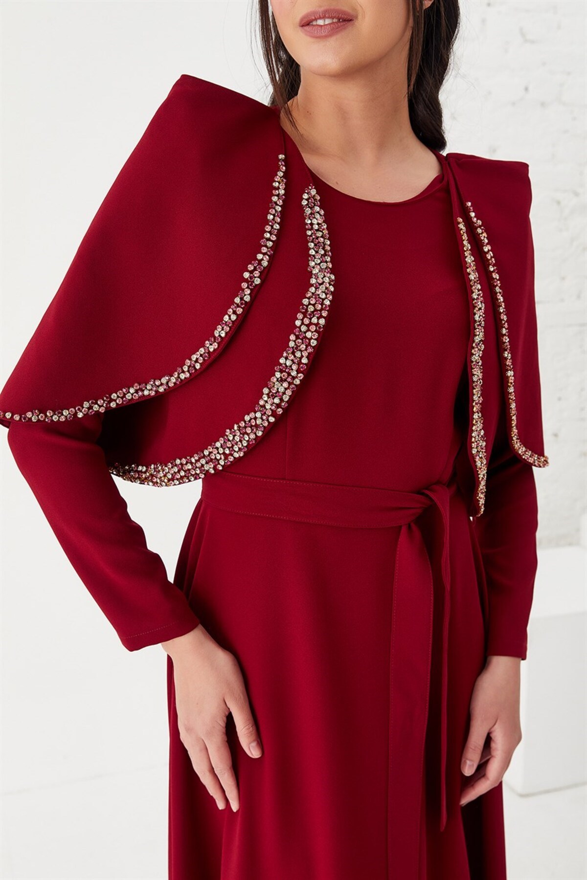 Bolero Yakalı Uzun Elbise Bordo