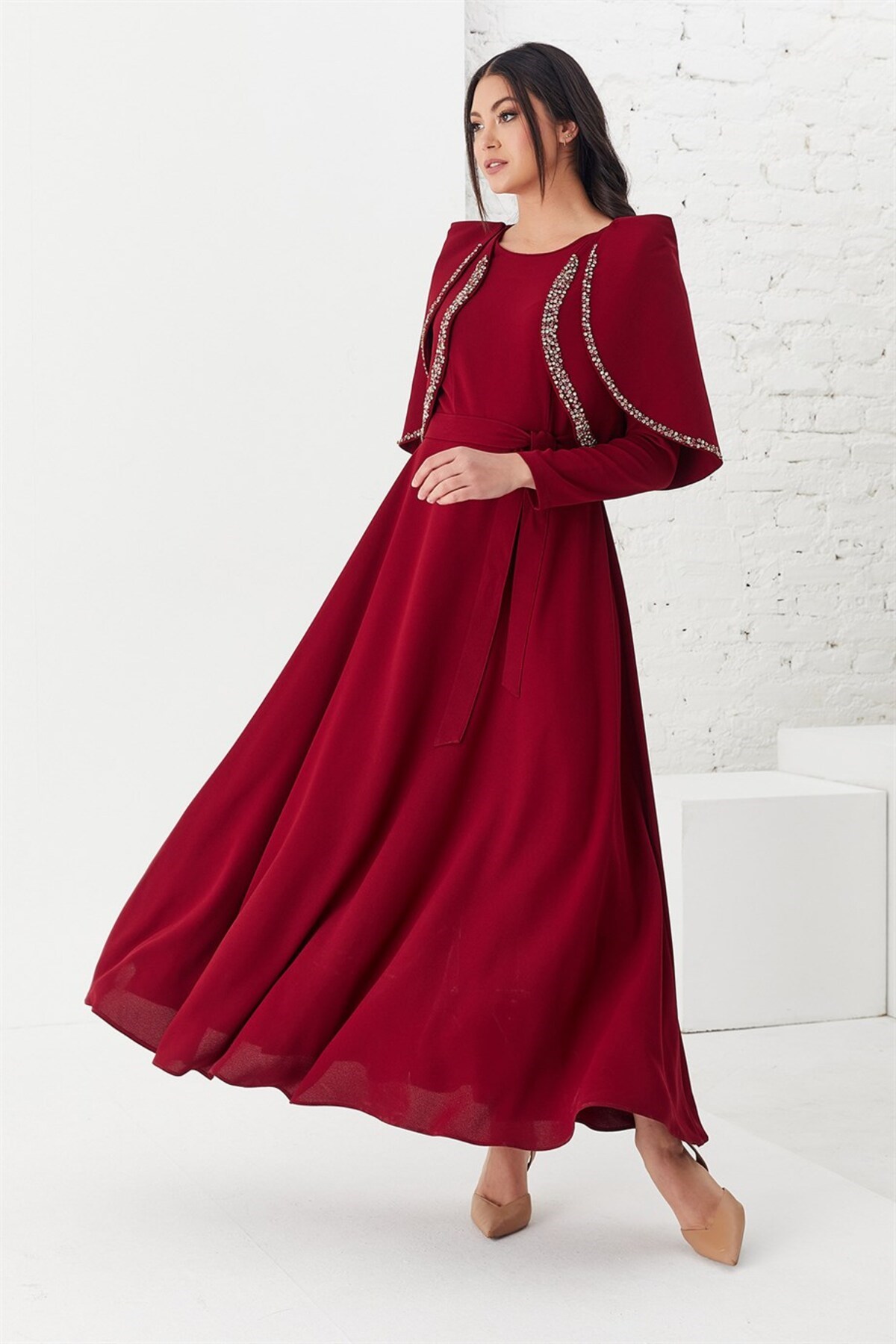 Bolero Yakalı Uzun Elbise Bordo