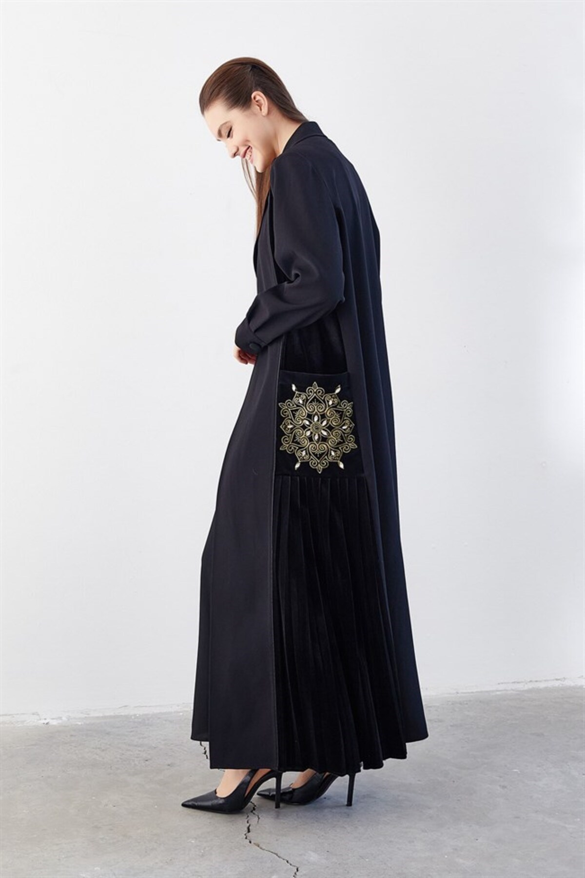 Cep Taş İşlemeli Abaya İkili Takım Siyah