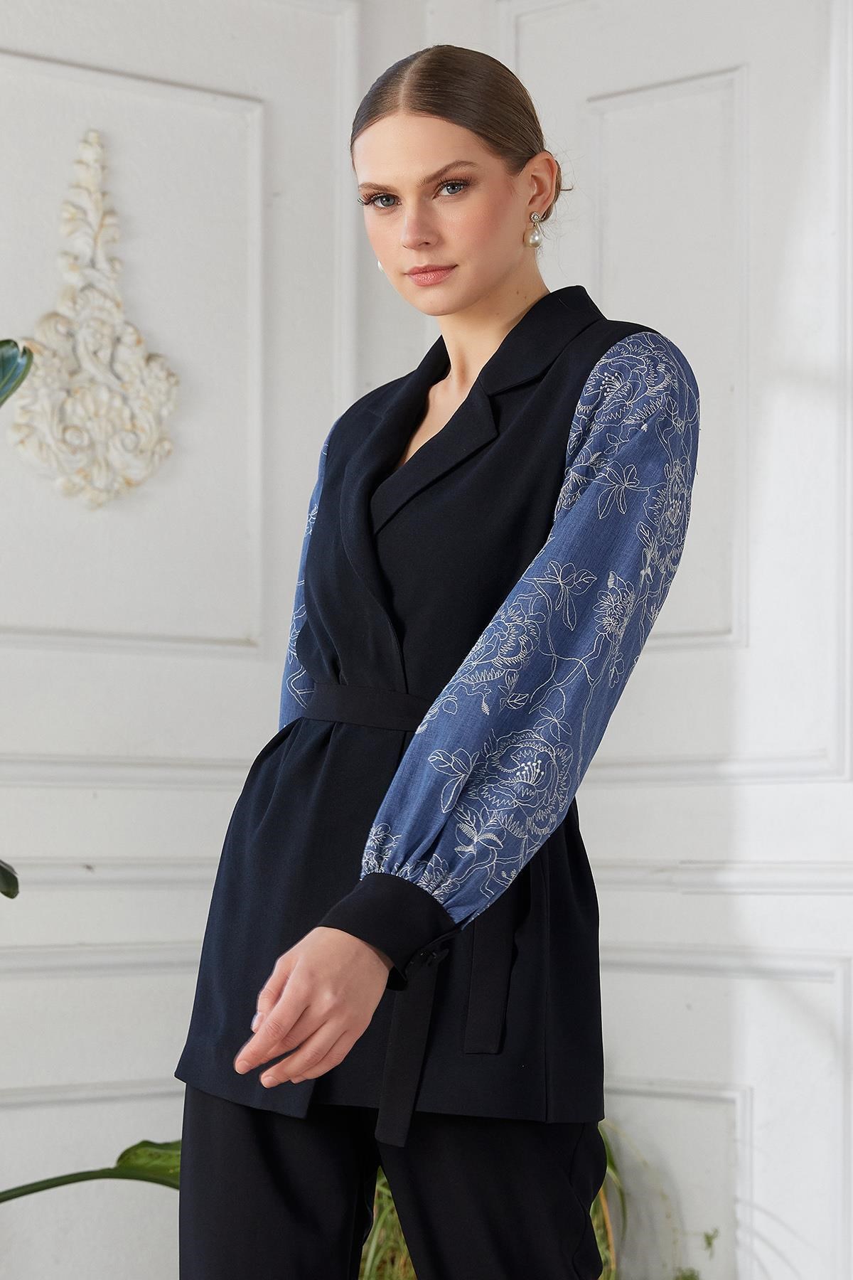 Denim İşlemeli Ceket Pantolon İkili Takım Siyah