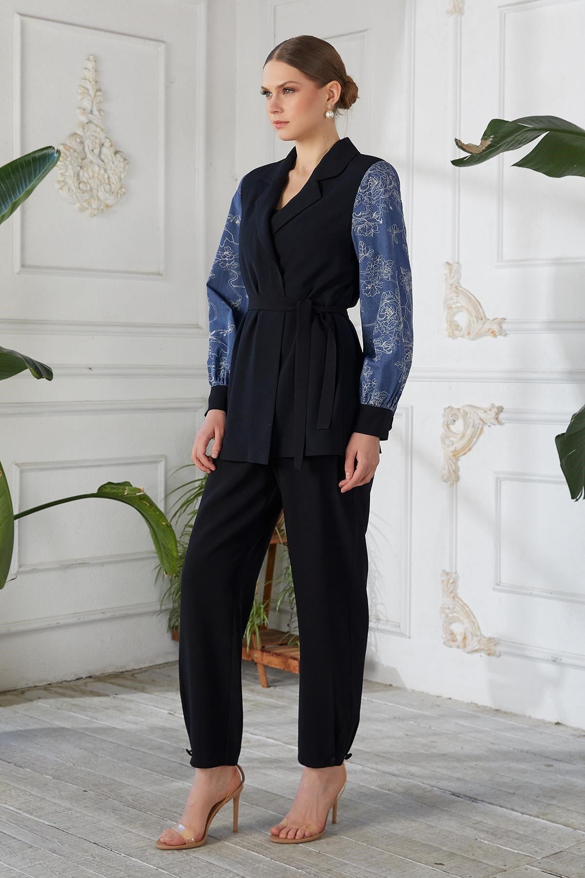 Denim İşlemeli Ceket Pantolon İkili Takım Siyah