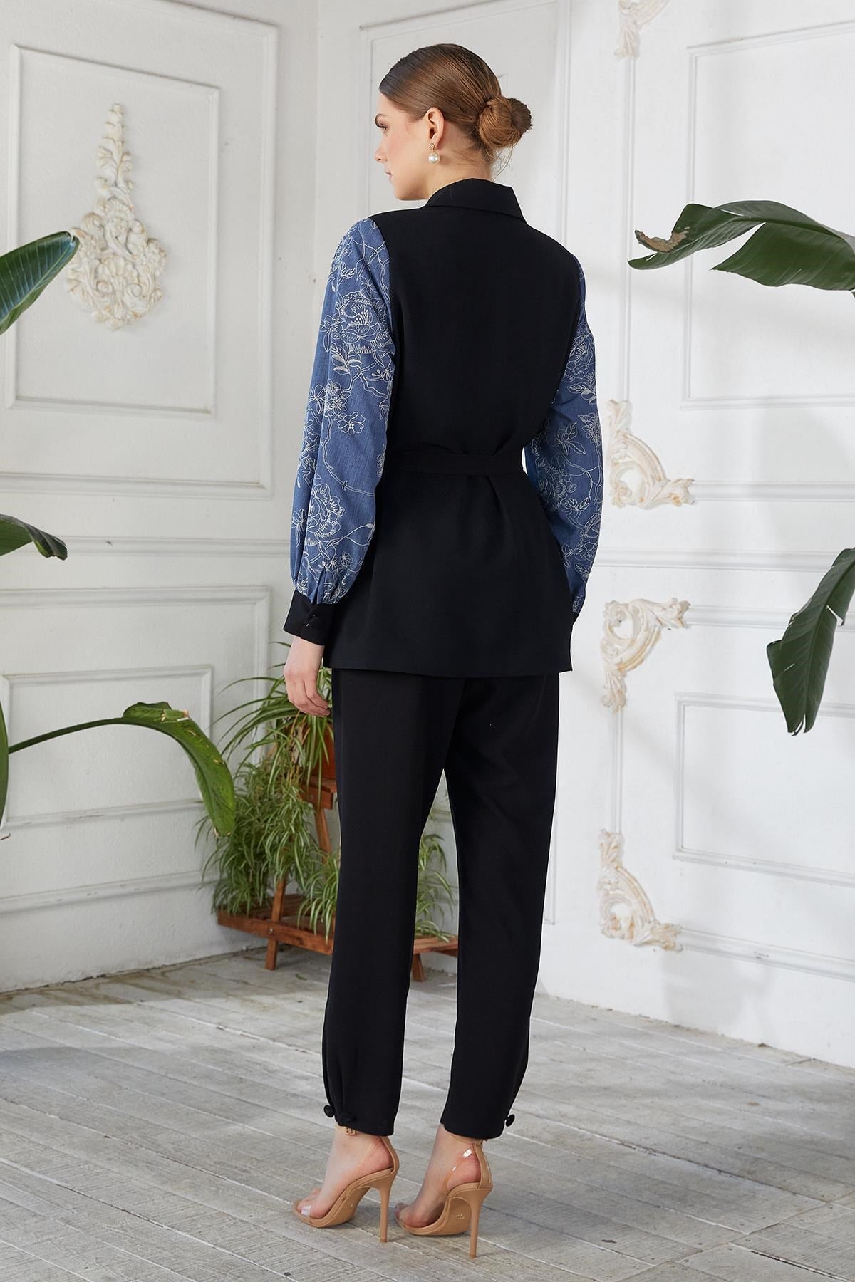 Denim İşlemeli Ceket Pantolon İkili Takım Siyah