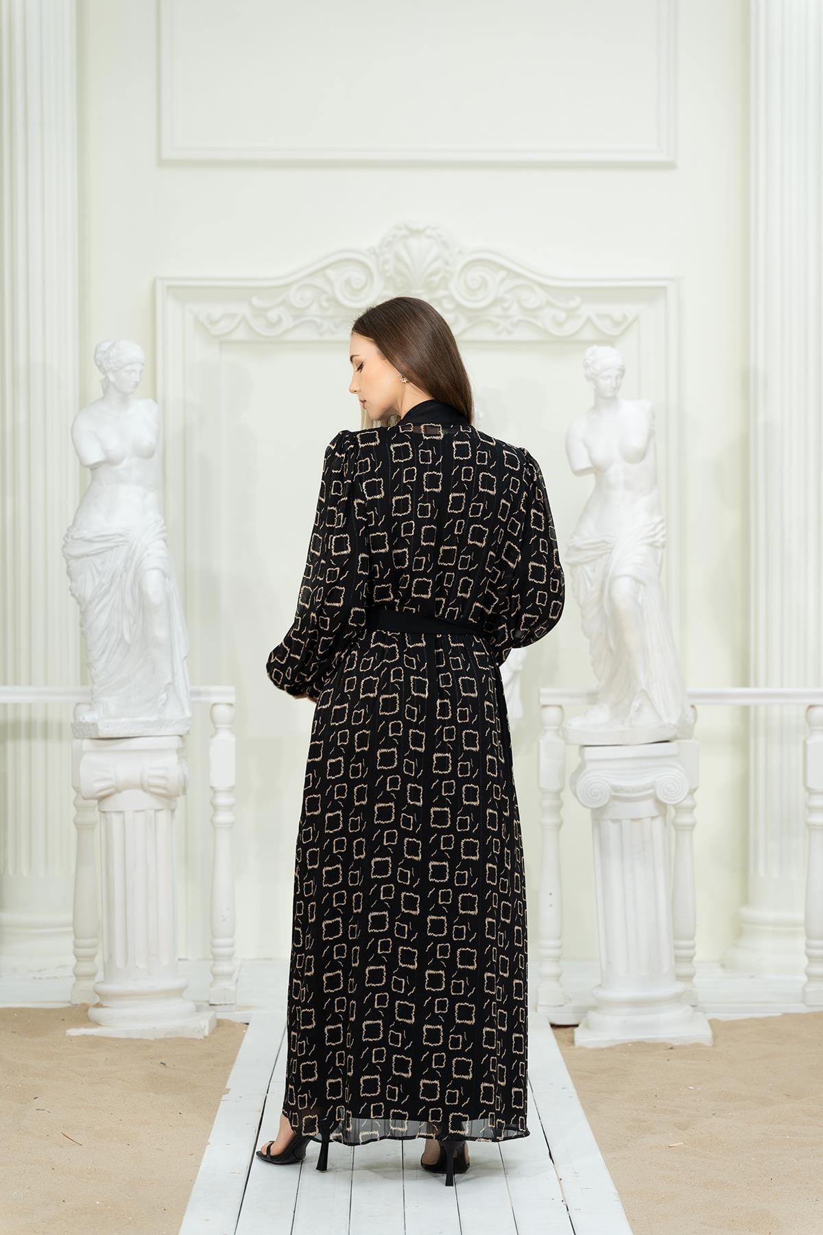 Dijital Baskılı Abaya Elbise Siyah