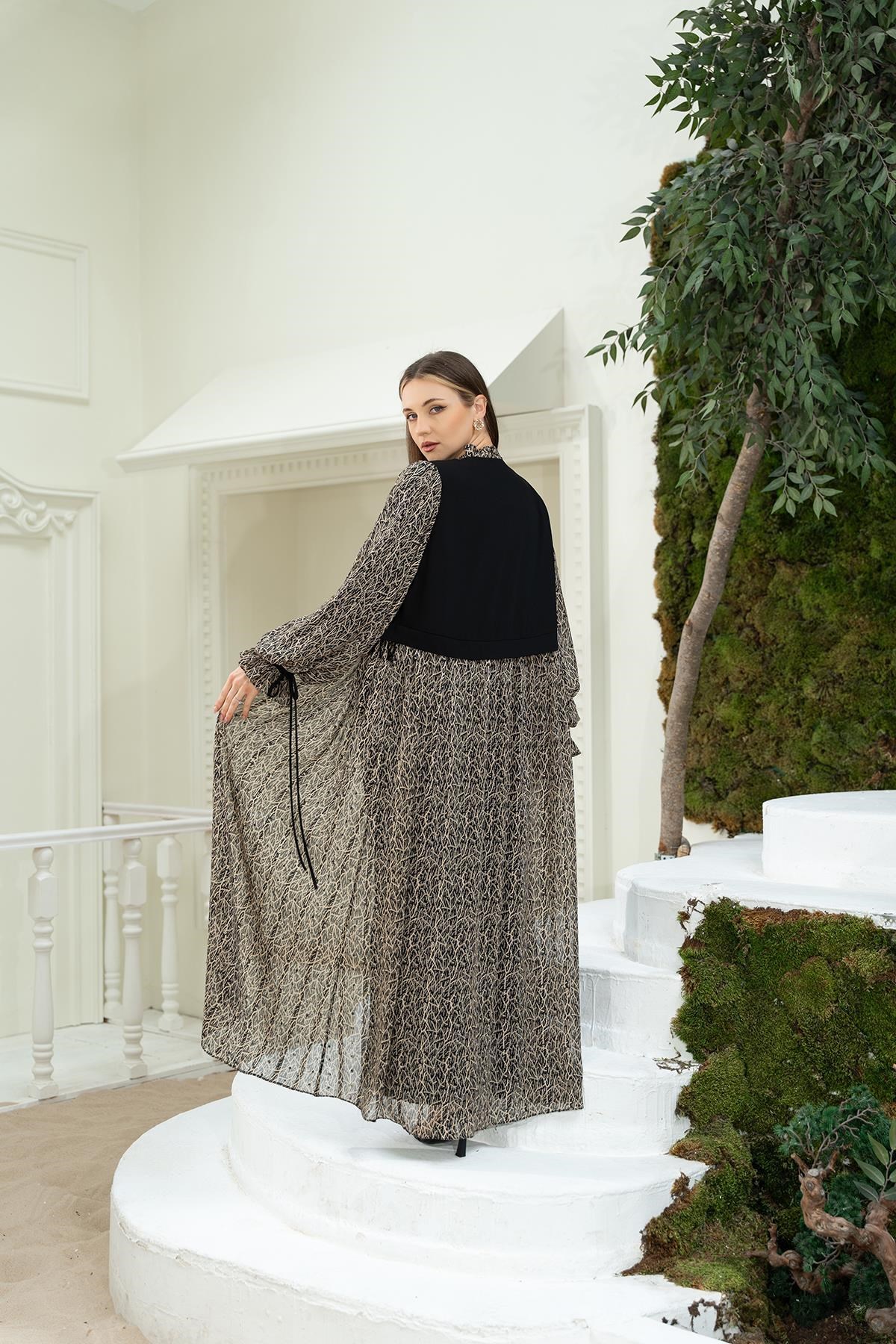 Dijital Baskılı Abaya Elbise Siyah