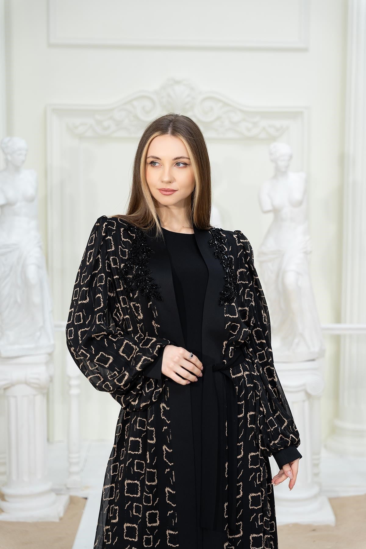 Dijital Baskılı Abaya Elbise Siyah