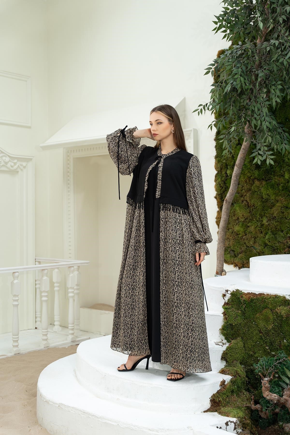 Dijital Baskılı Abaya Elbise Siyah