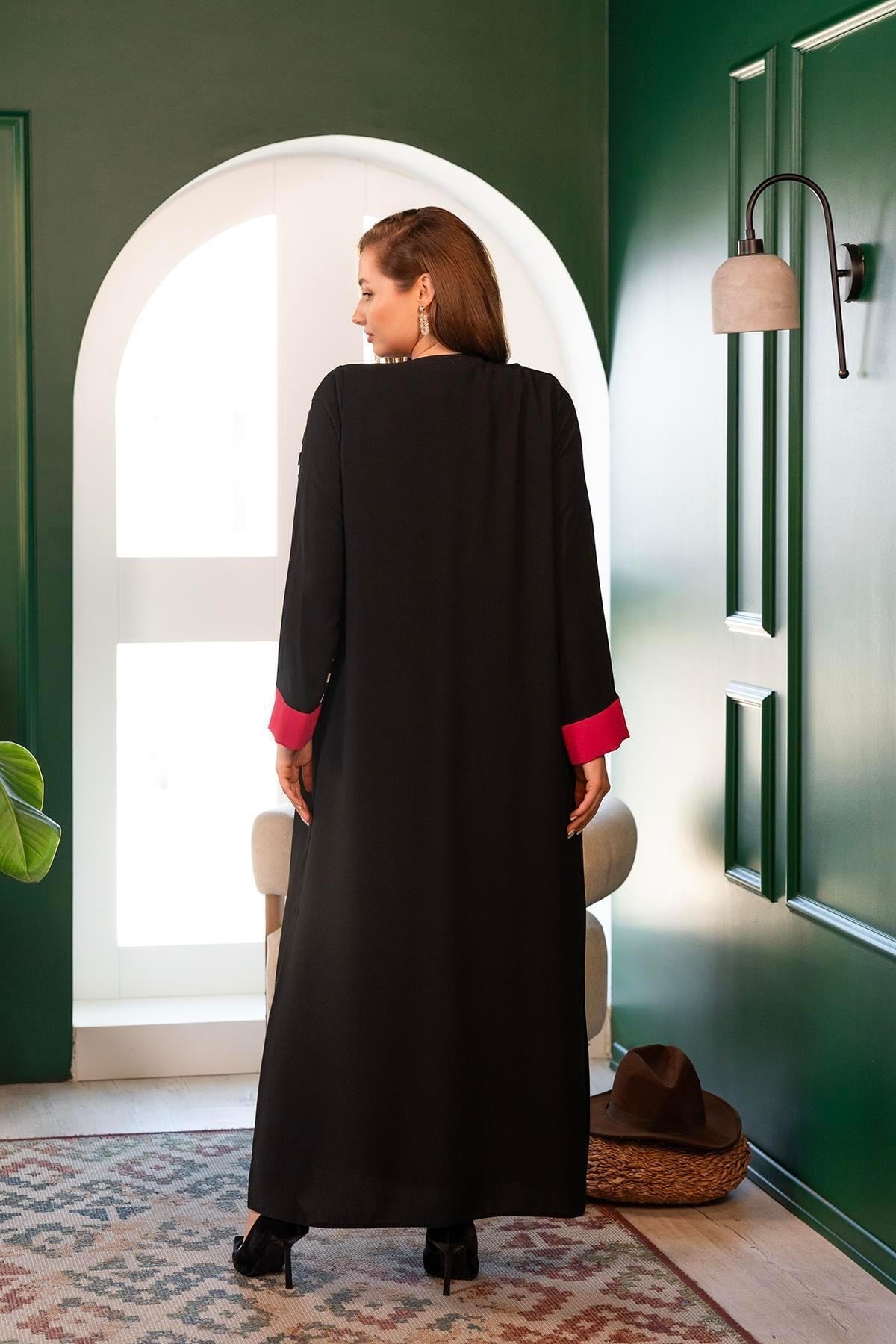Dijital Baskılı Abaya siyah fuşya