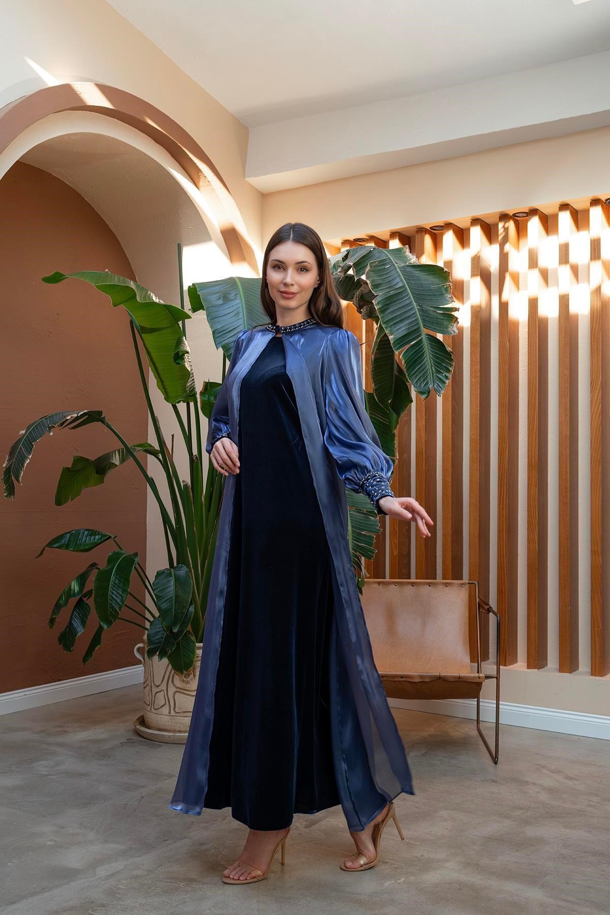 El İşlemeli Abaya Elbise İkili Takım Lacivert