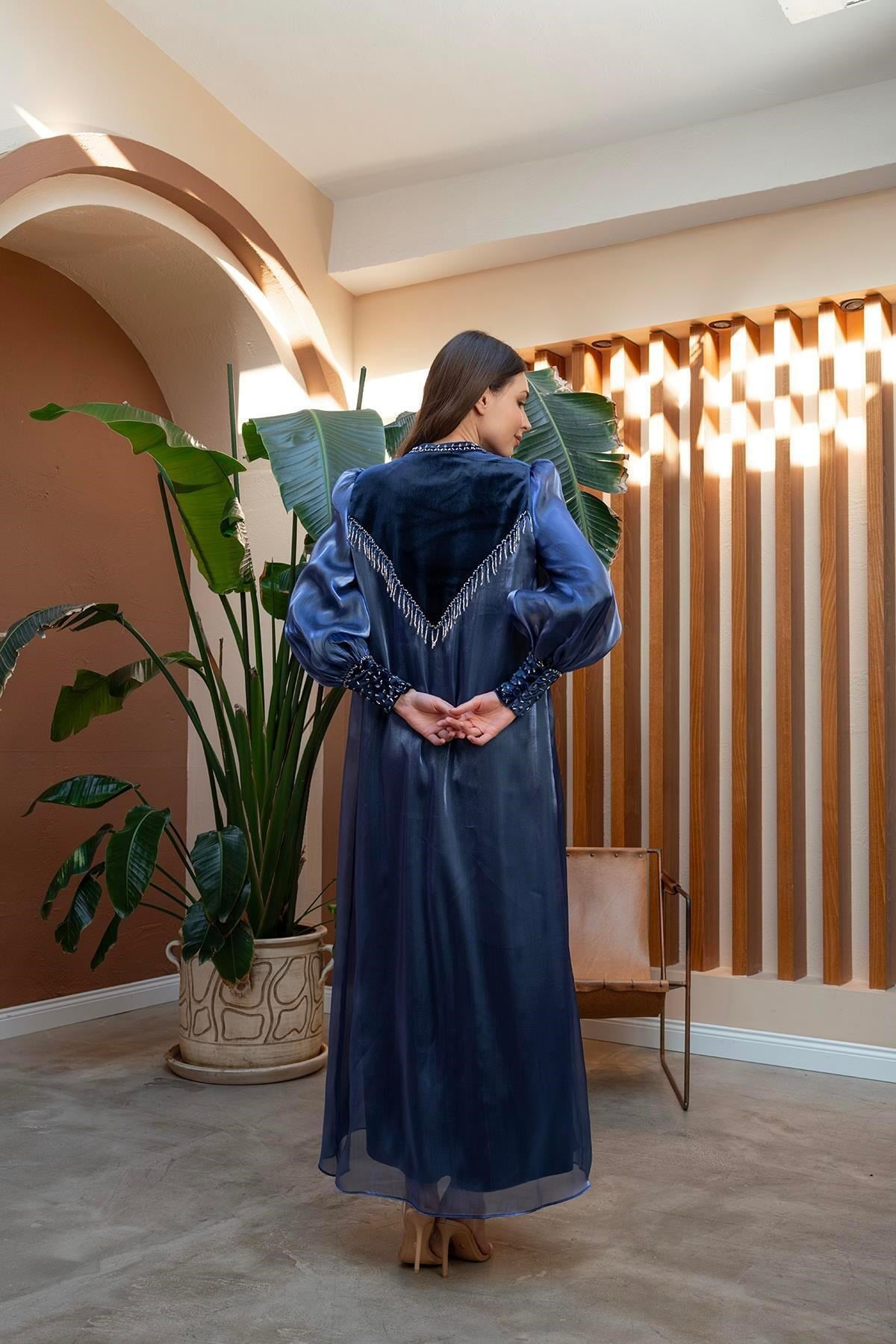 El İşlemeli Abaya Elbise İkili Takım Lacivert
