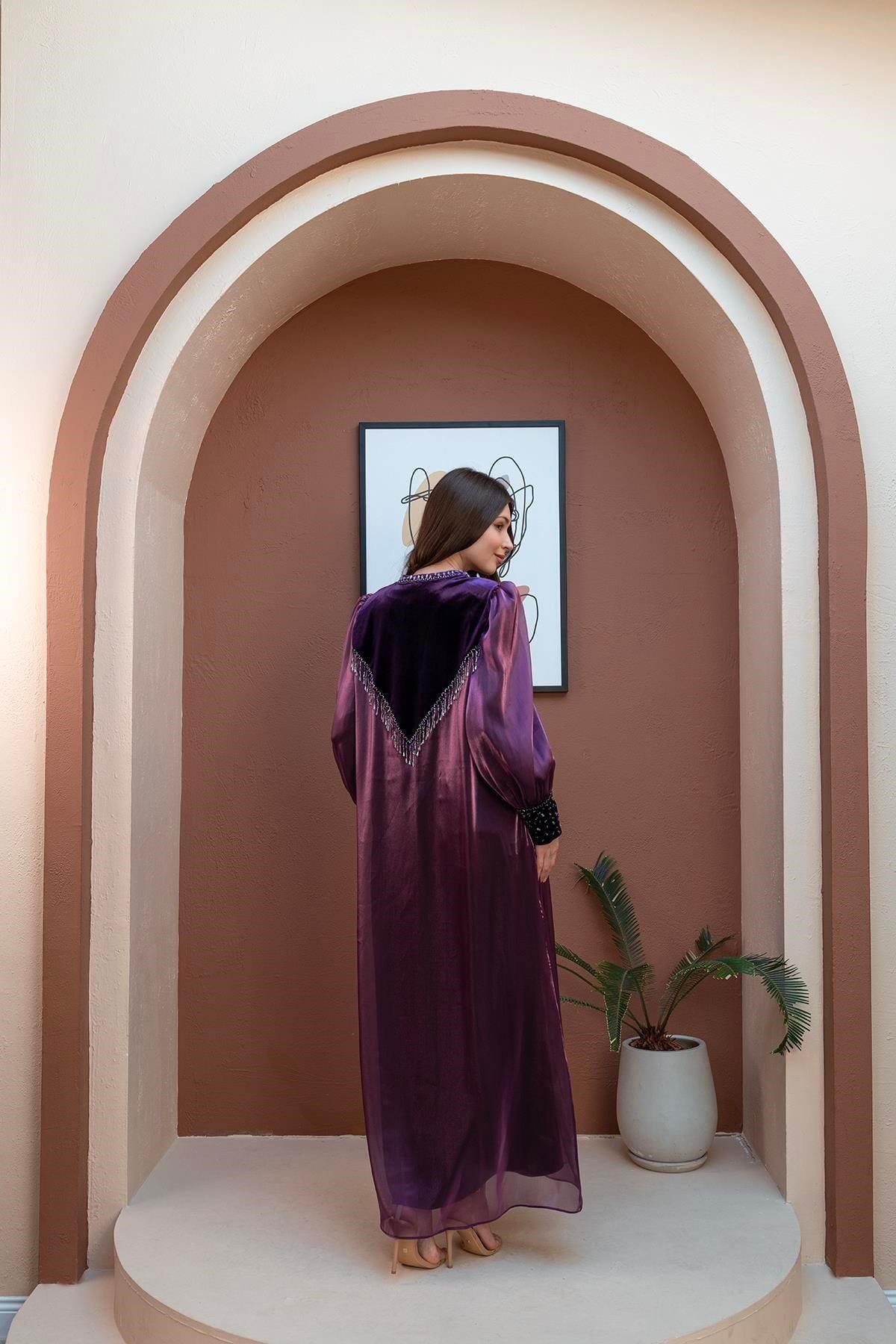 El İşlemeli Abaya Elbise İkili Takım Mor